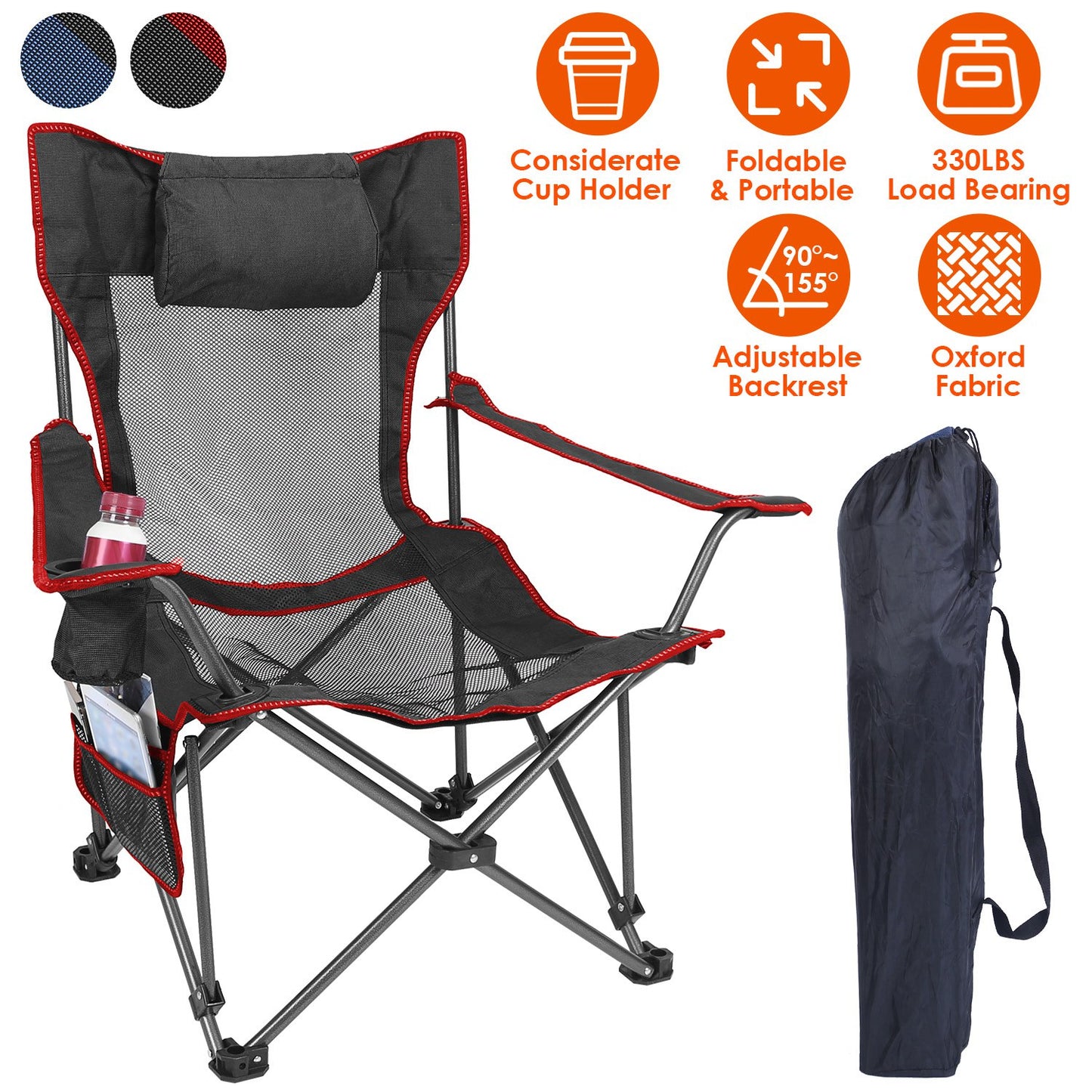 Foldable Camping Chair with Reclining Backrest - 330 LBS Capacity