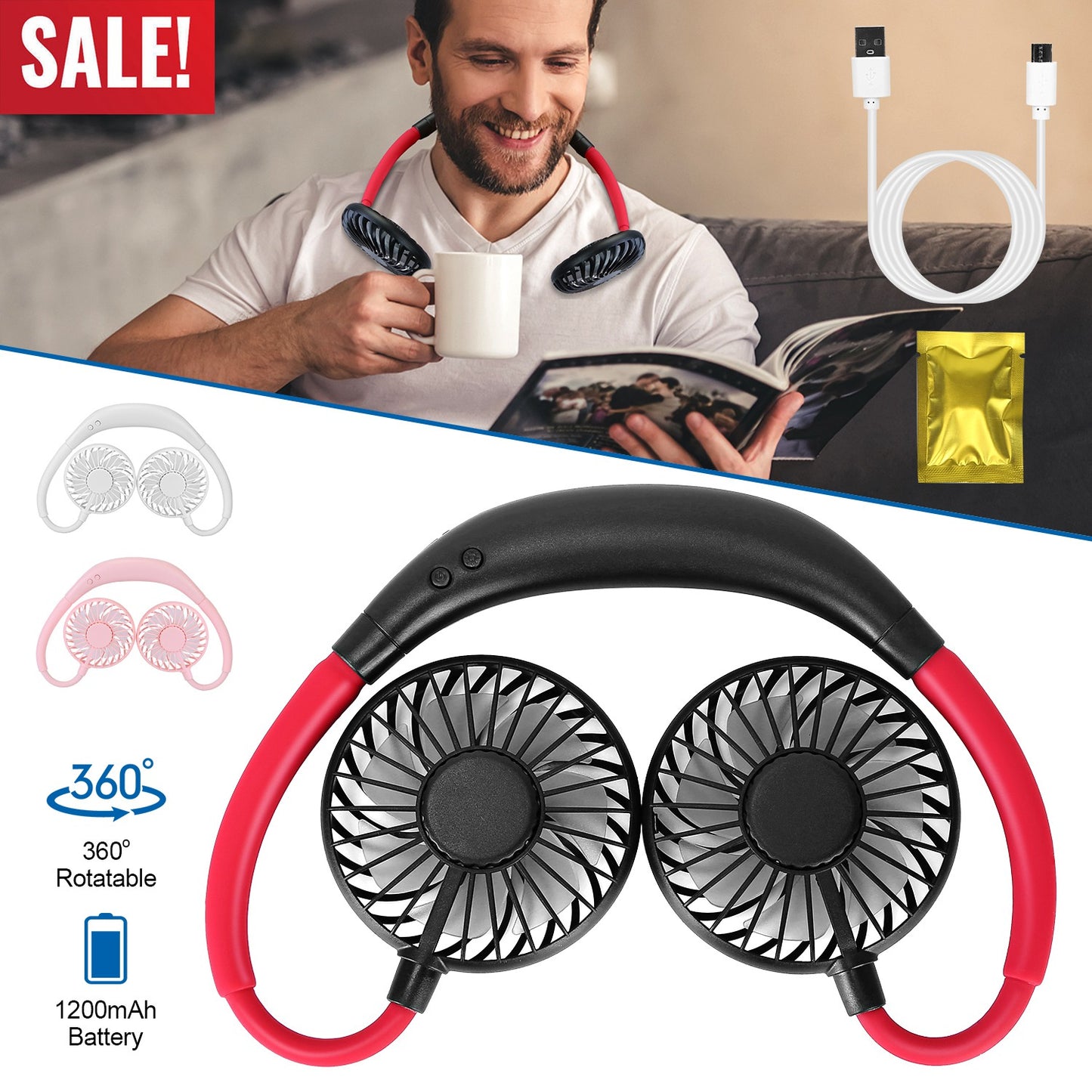 Neck Hanging Fan USB Rechargeable with Aromatherapy & LED