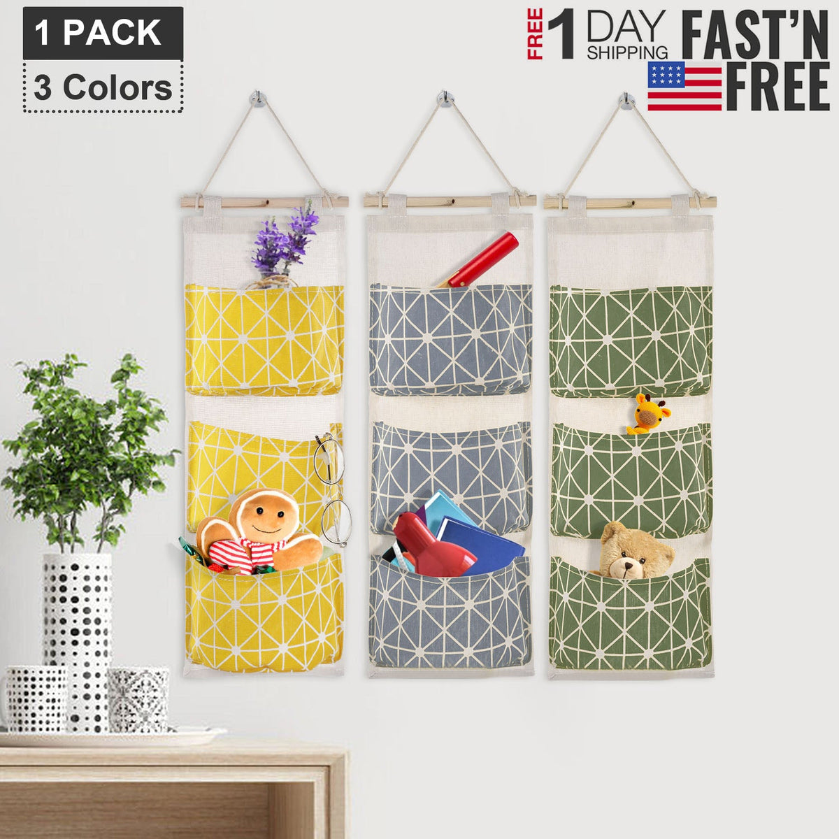 Wall Mounted Storage Bag Door Closet Hanging Storage Bag Organizer Waterproof 3 Pockets Pouch