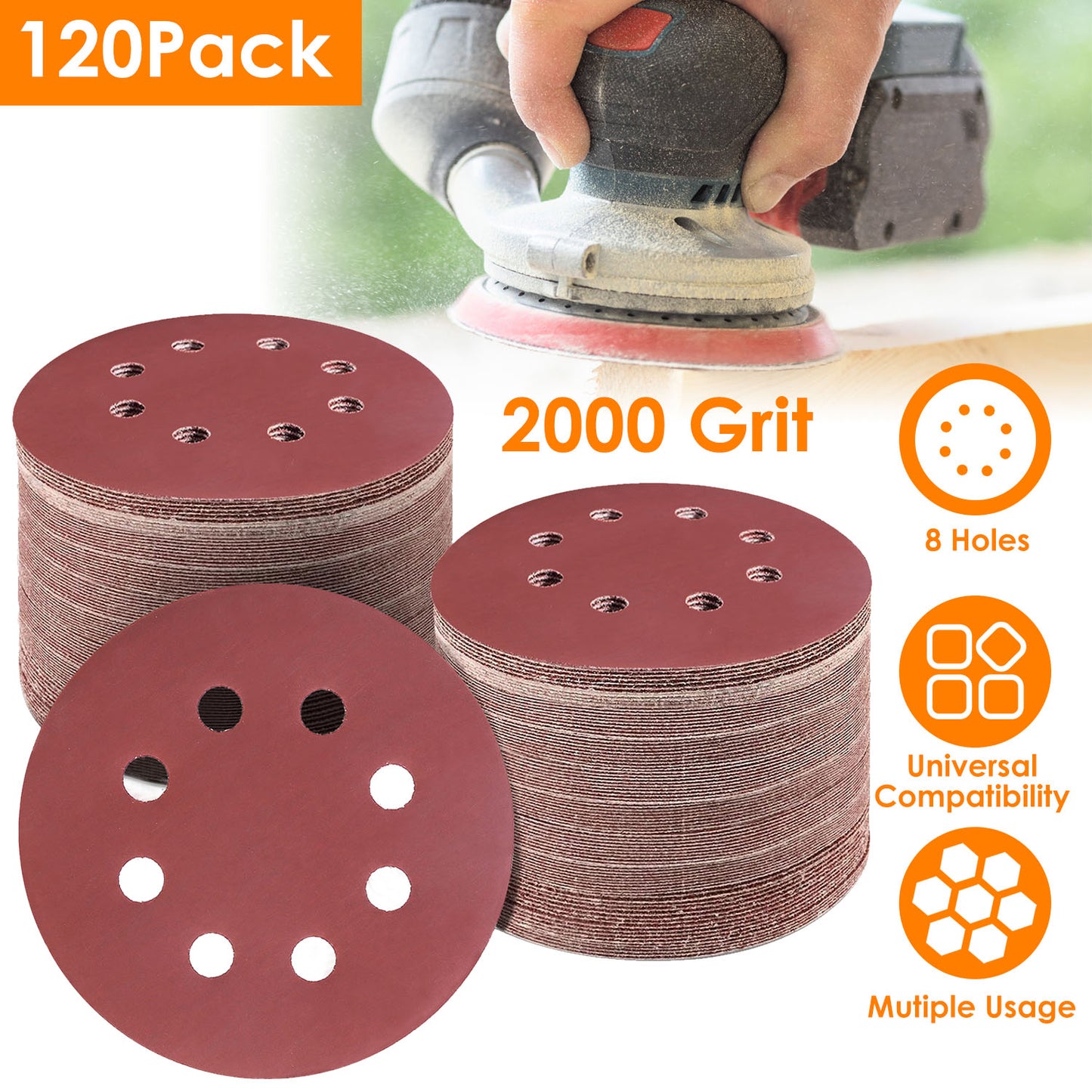 5 Inch Sanding Discs 2000 Grit - 120 Pack with 8 Holes