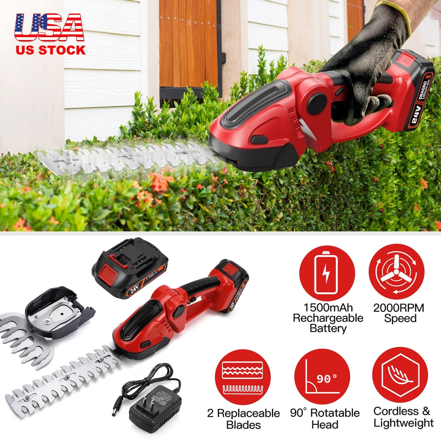 24V Cordless Grass Shear & Hedge Trimmer with 2 Blades