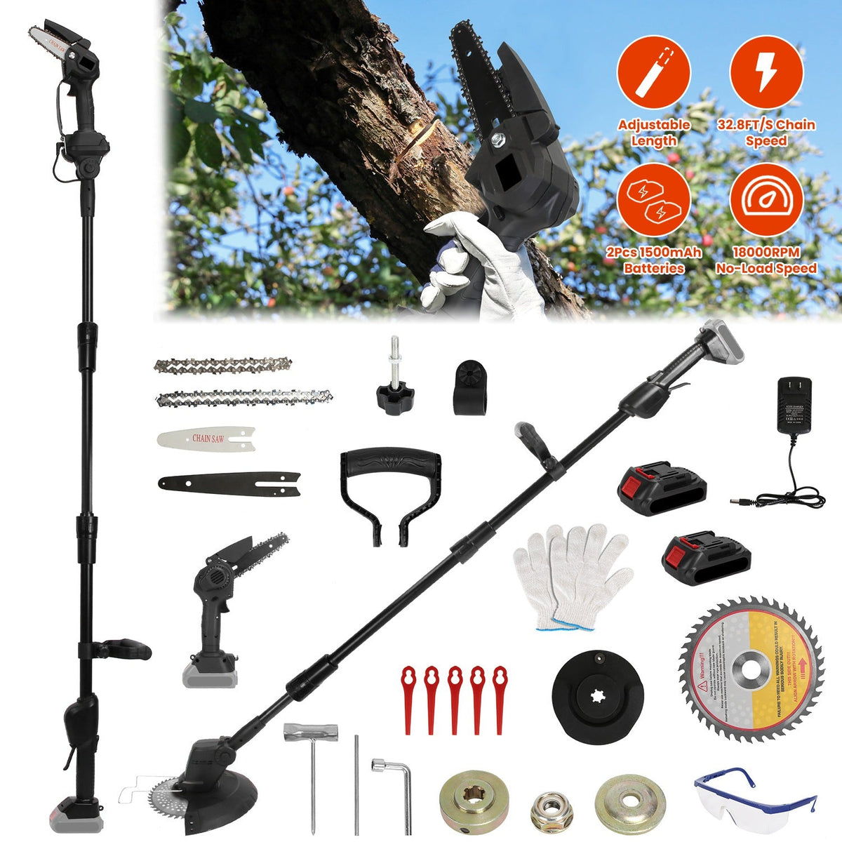 3-in-1 Cordless Electric Pole Saw & Mini Chainsaw & Grass Trimmer Kit with Adjustable Length 2Pcs 21V 1500mAh Batteries 4in/6in Chains Saw Blade 5Pcs