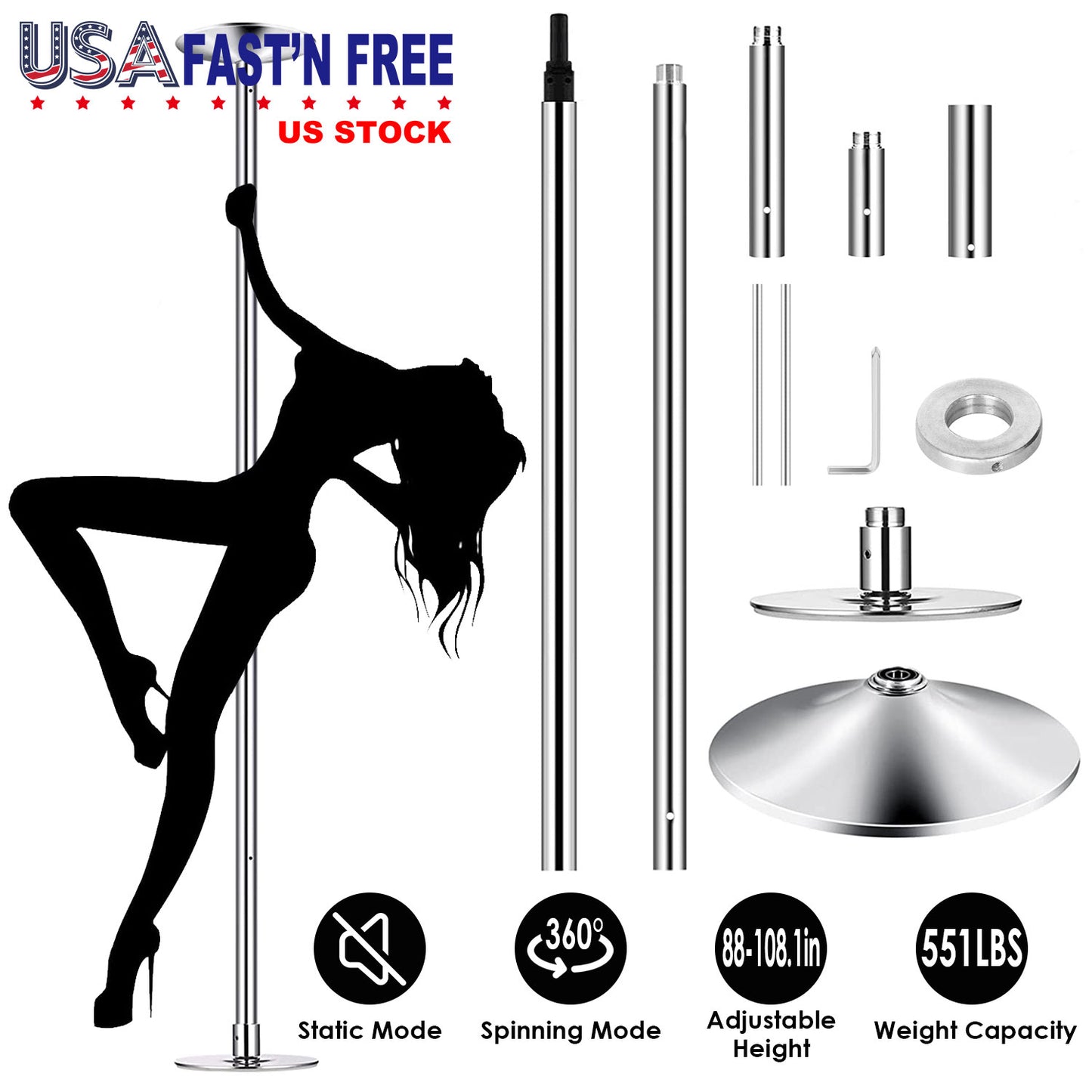 Dance Pole 45mm Spinning & Static Adjustable 88-108in