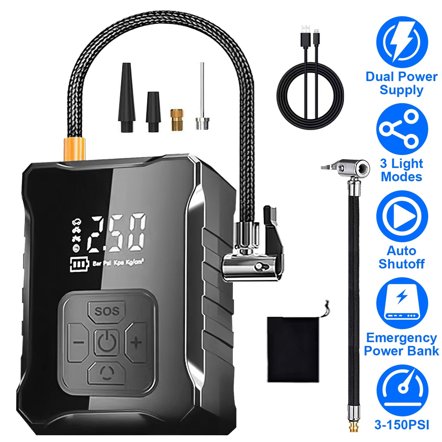 Cordless Tire Inflator 150PSI with LED Light & Power Bank