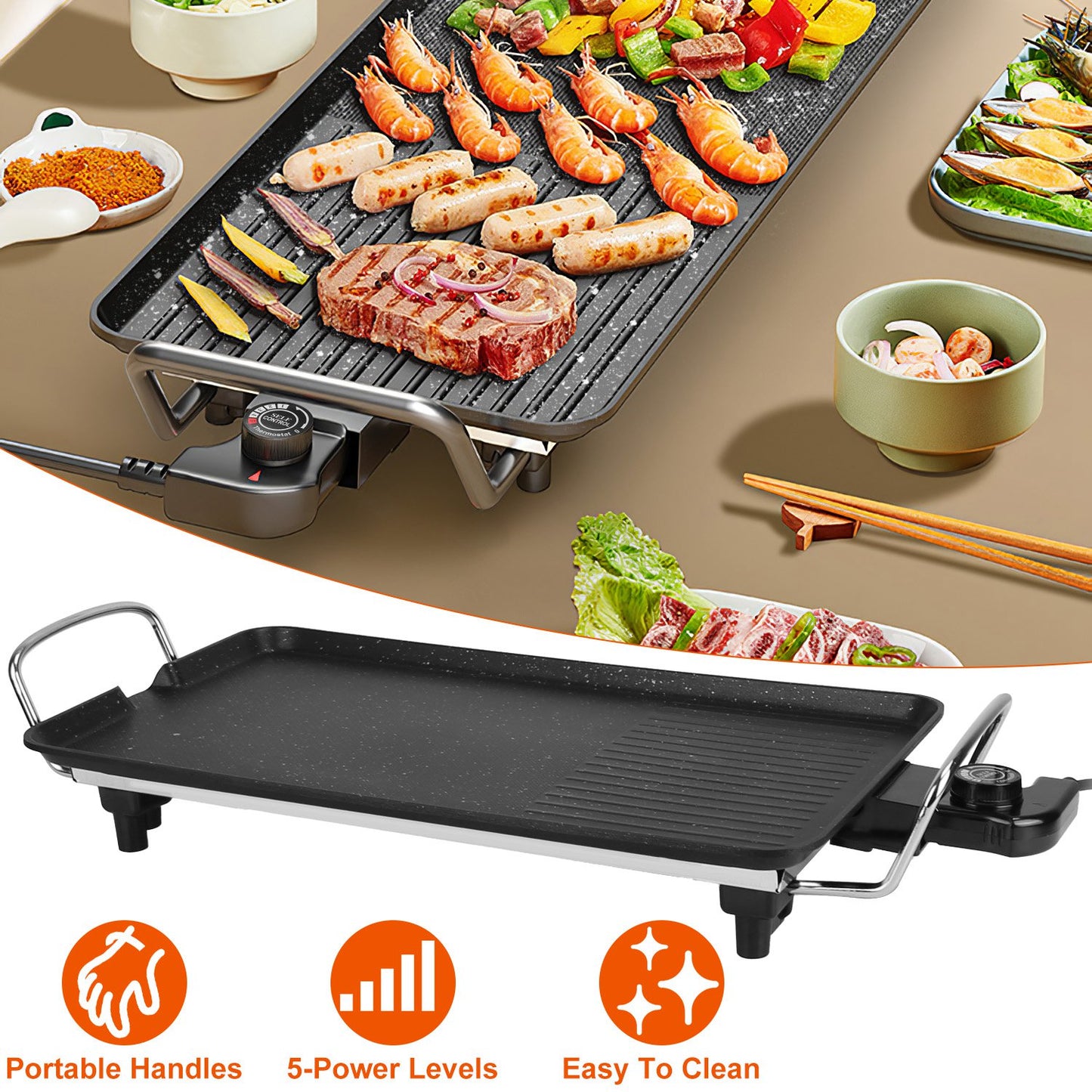 Electric Griddle Grill 1500W Non-Stick BBQ Hot Plate