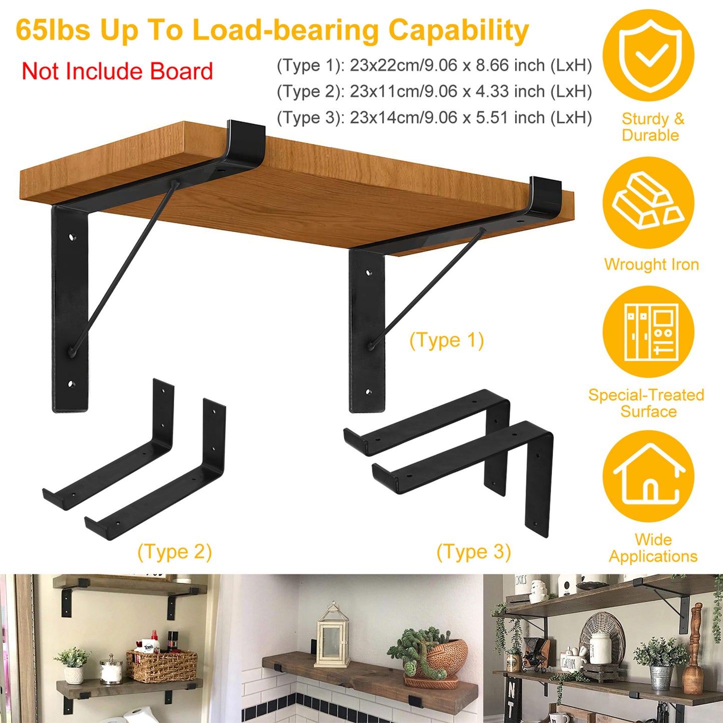 Heavy Duty Wall Mounted Shelf Brackets - 2 Pack Black Metal