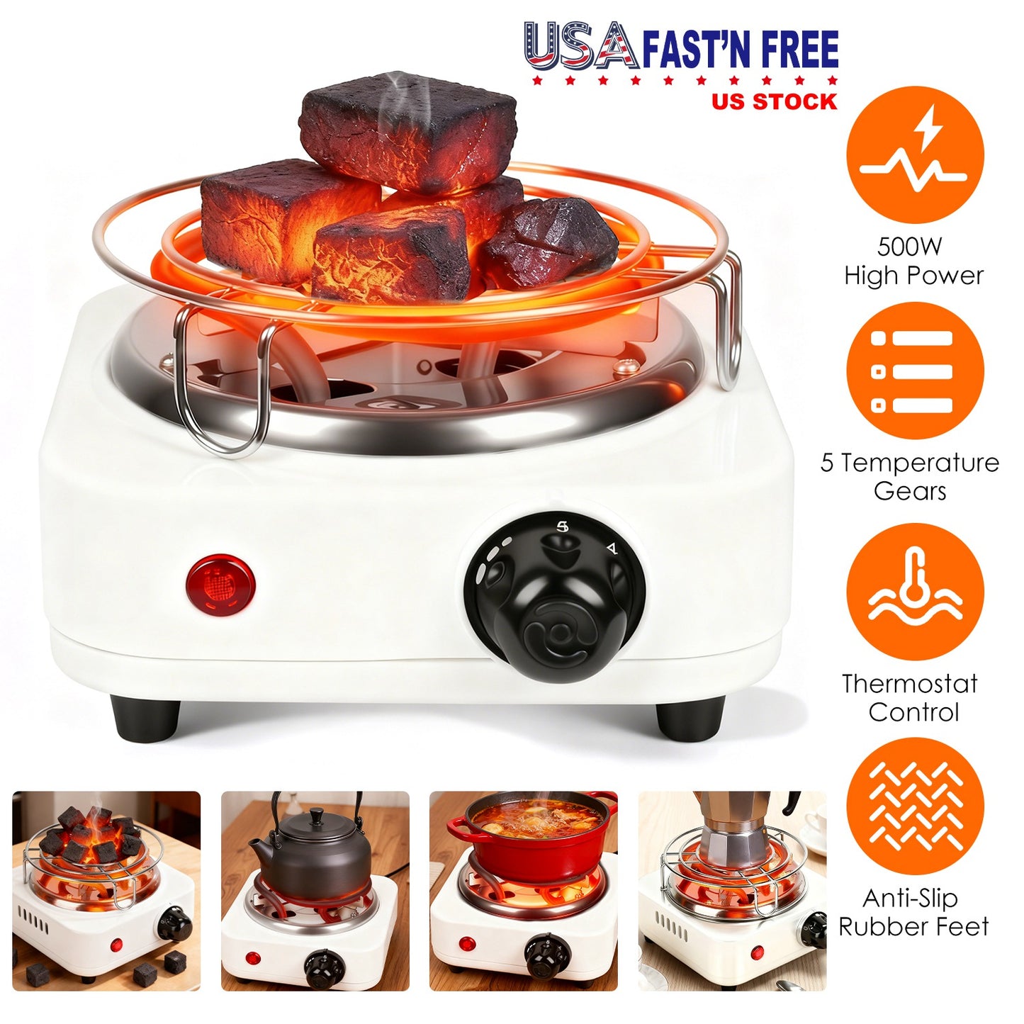 Electric Charcoal Burner 500W with 5 Temperature Settings