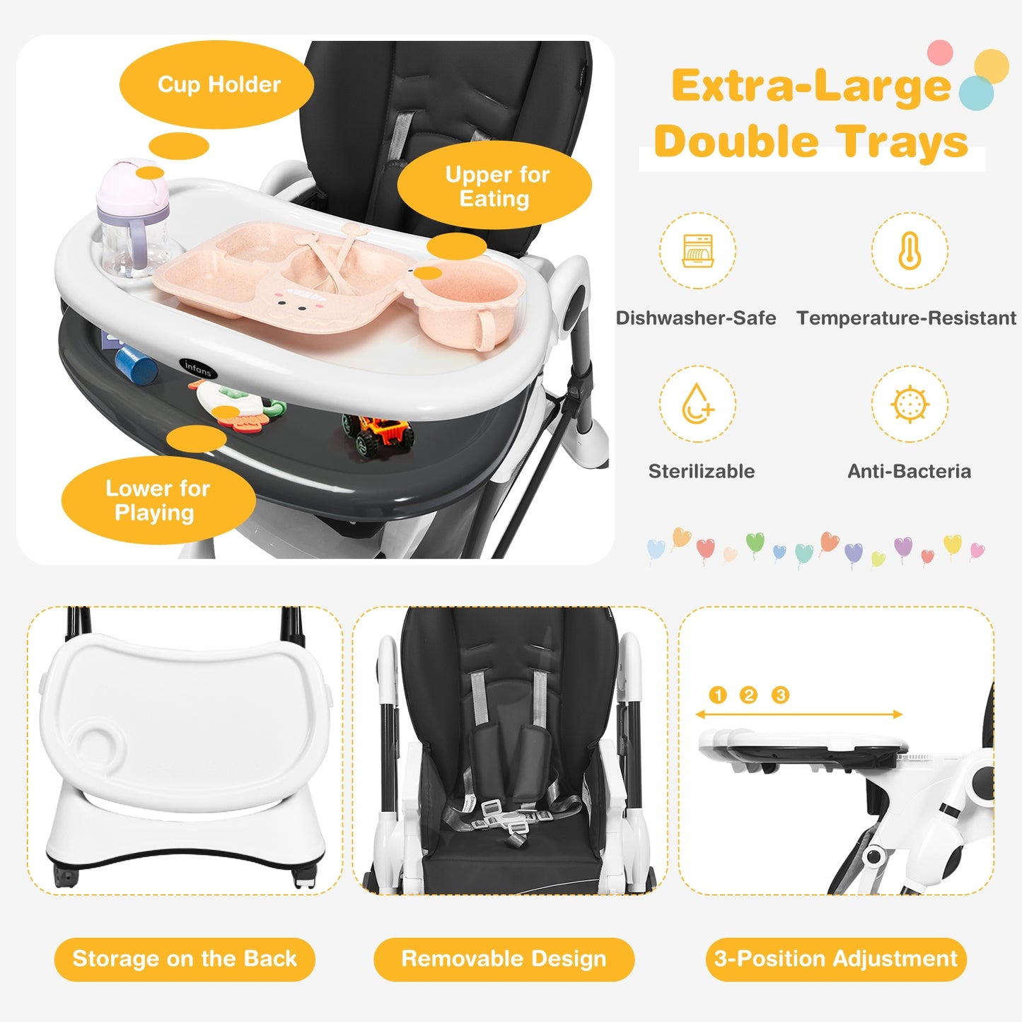 Foldable High Chair with 4 Lockable Wheels and 5-Point Harness