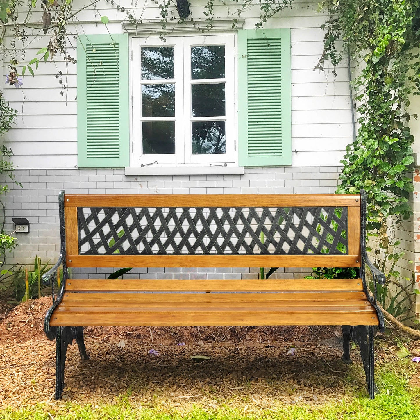 Cast Iron Patio Bench with Wood Seat - 463 lb Capacity
