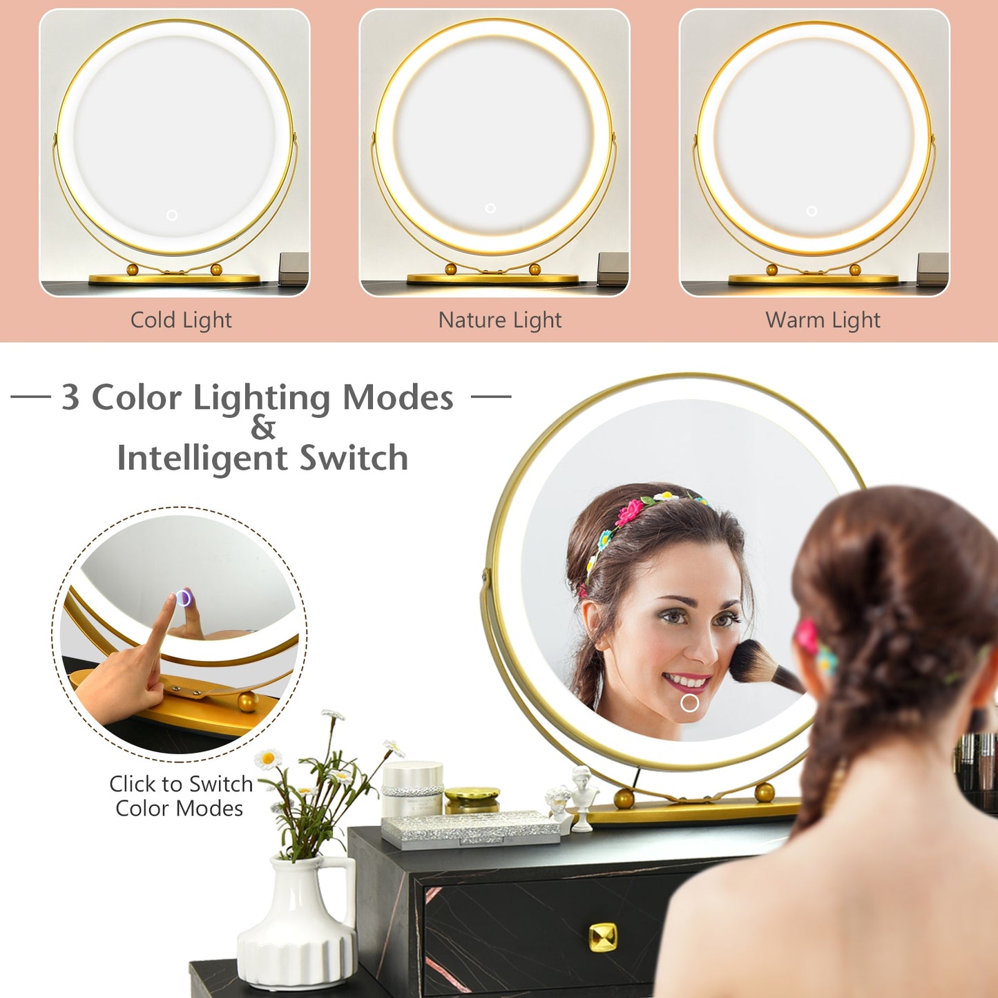 Vanity Table with LED Lighted Mirror and Storage Cabinet
