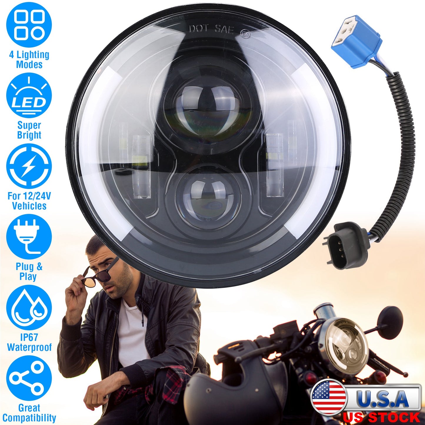 7 Inch Round LED Headlight with Halo DRL & Turn Signal