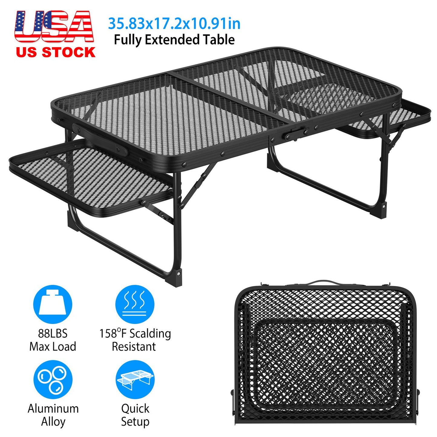 Foldable Camping Table with Dual Side Trays - 88 LBS Capacity