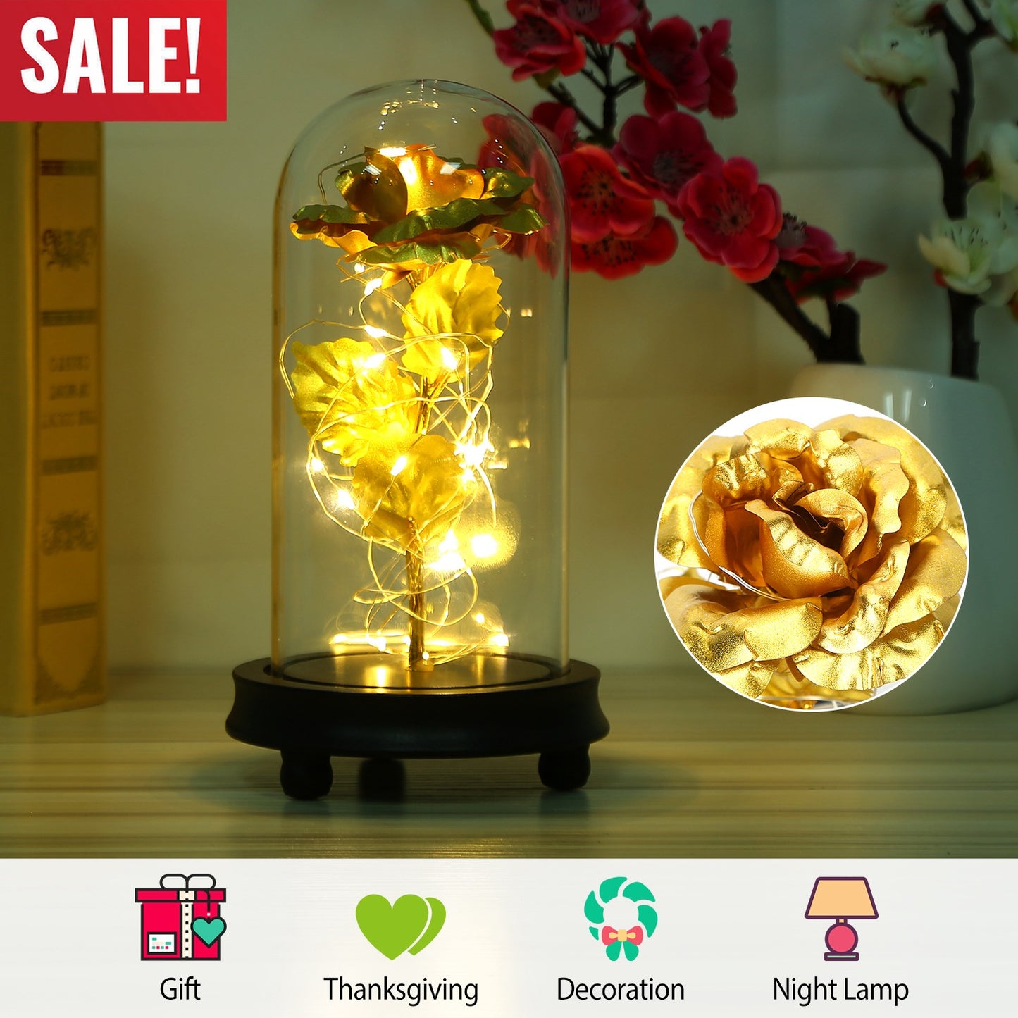 LED Rose in Glass Dome with Fairy Lights - Gold Foil Flower