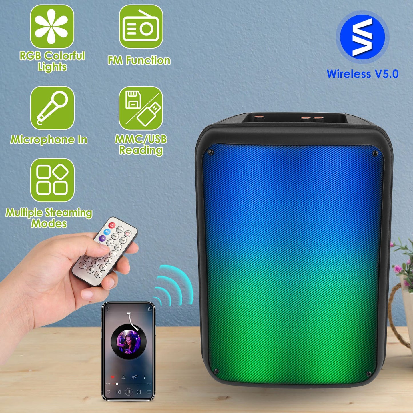 Portable Bluetooth Party Speaker 8" with RGB Lights & Karaoke