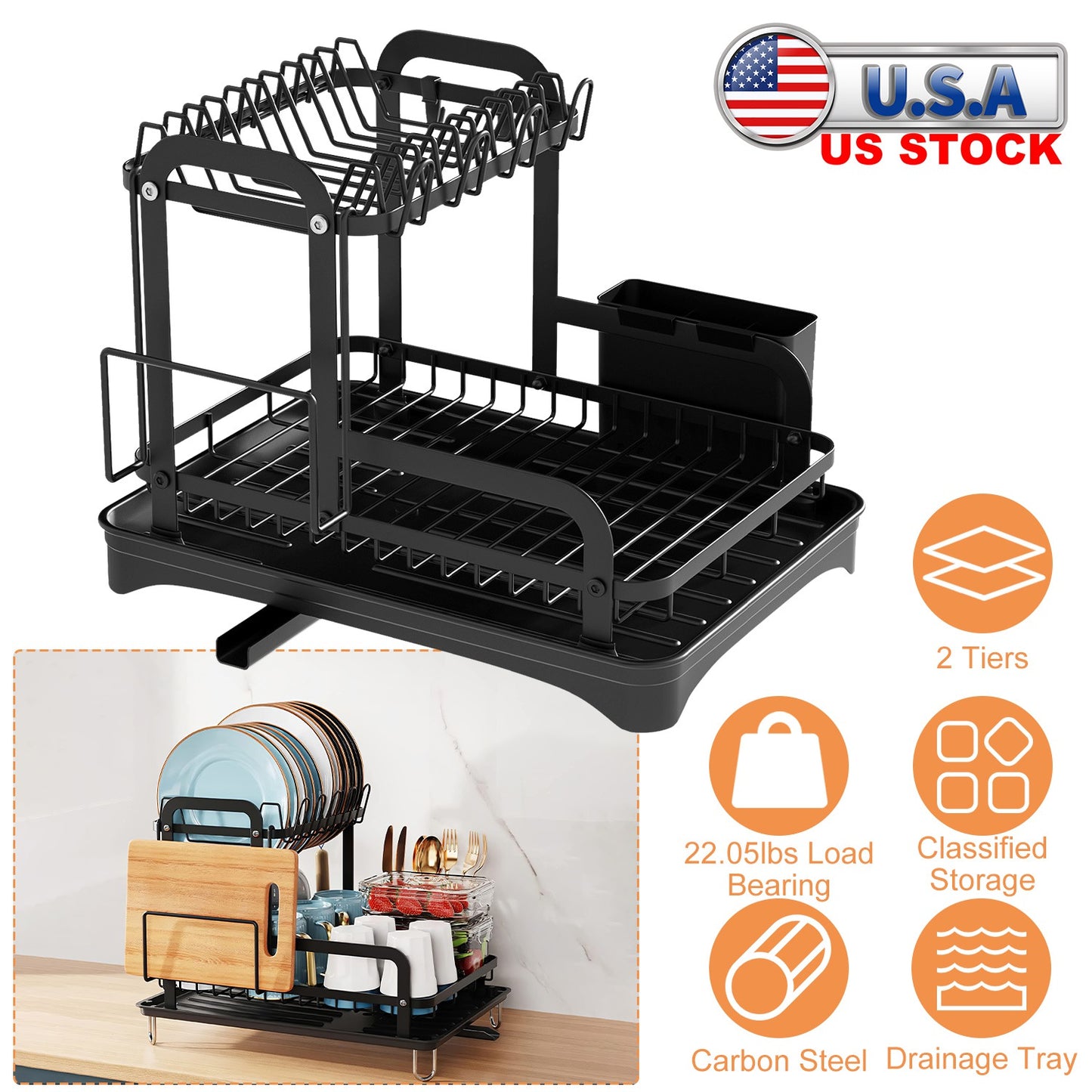 2-Tier Dish Drying Rack with Drainboard and Utensil Holder
