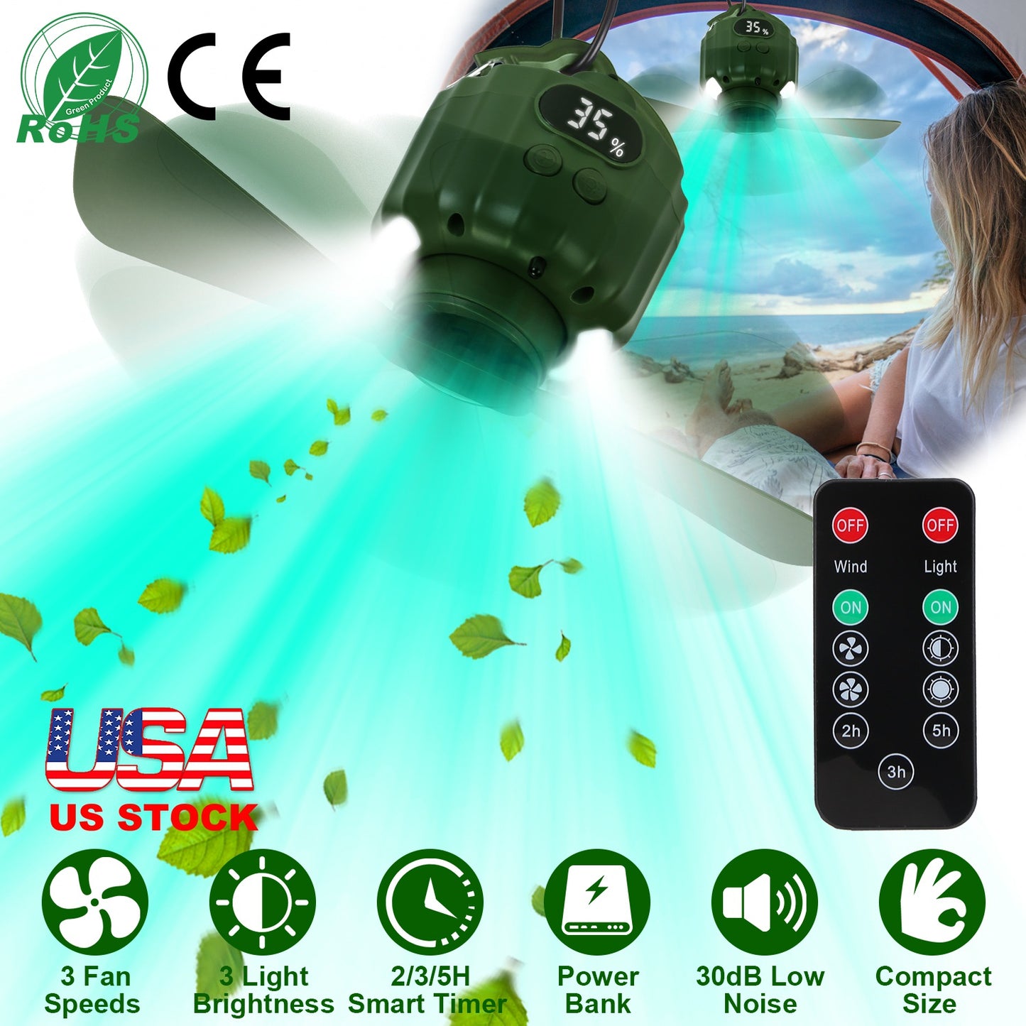 Portable Camping Ceiling Fan with LED Light & Power Bank