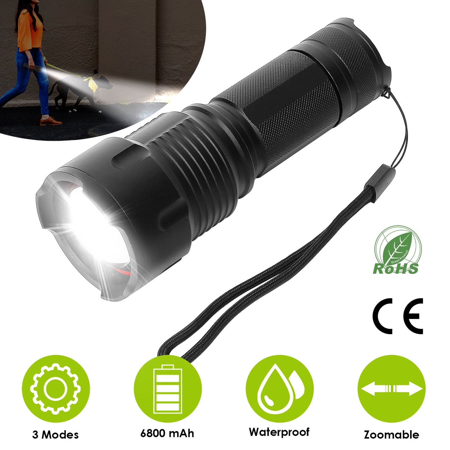Rechargeable LED Flashlight with Zoomable Focus & 3 Modes