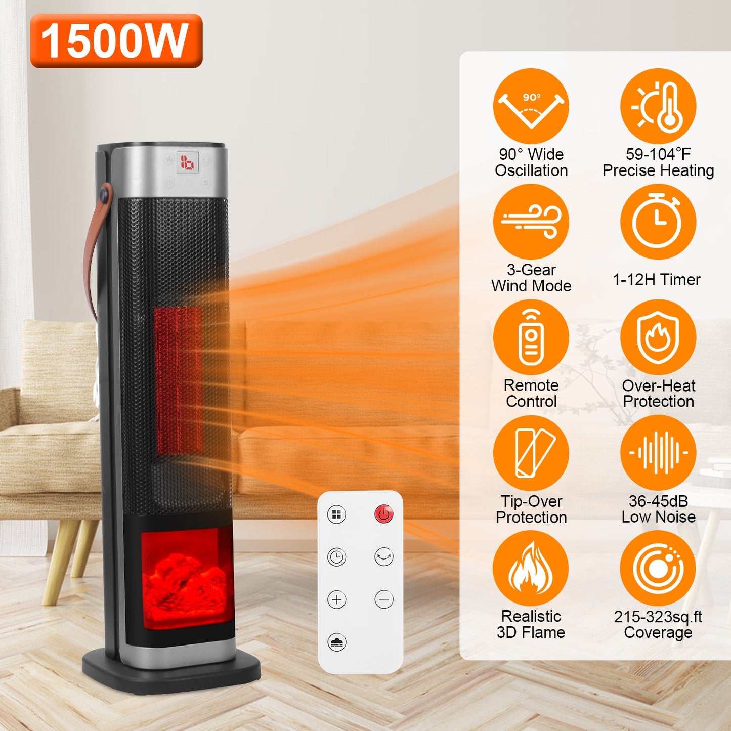 Oscillating Ceramic Tower Space Heater with Remote Control