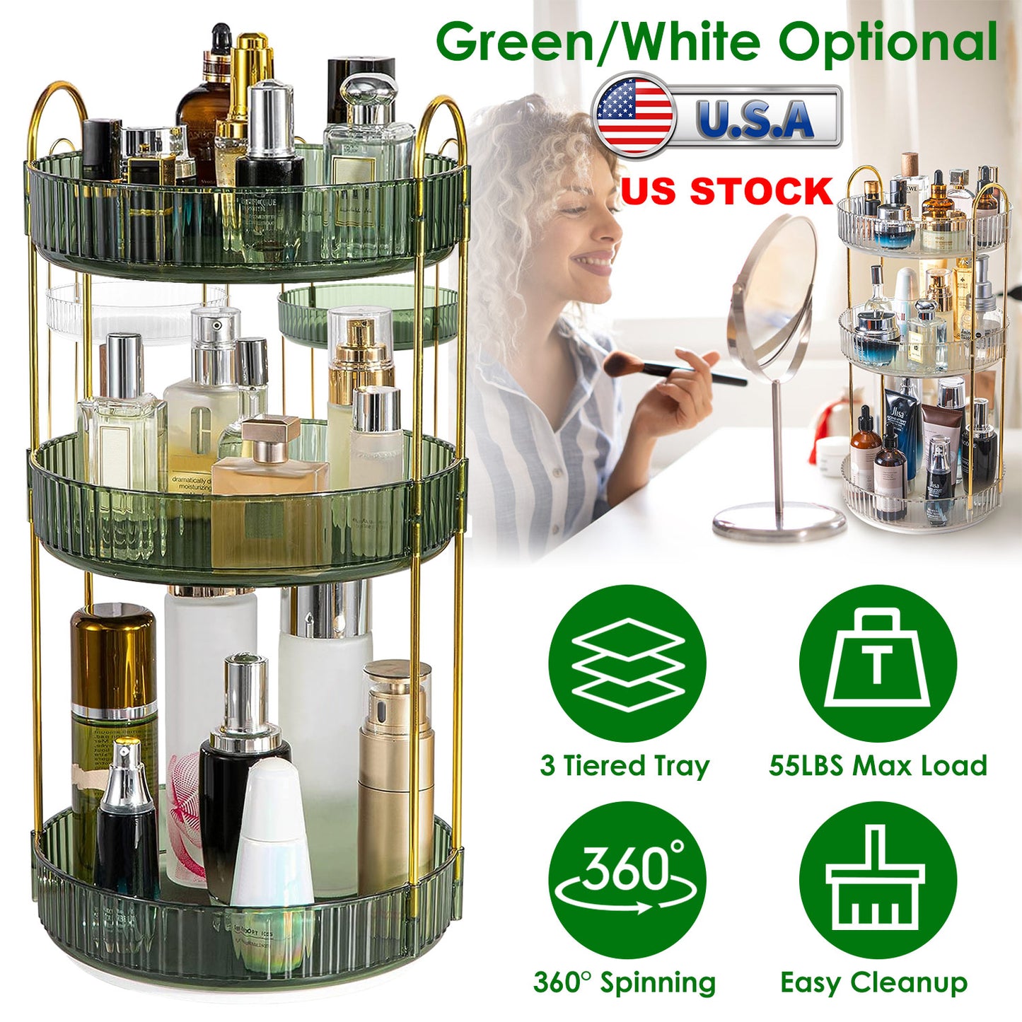 3-Tier Rotating Makeup Organizer with 360° Spin