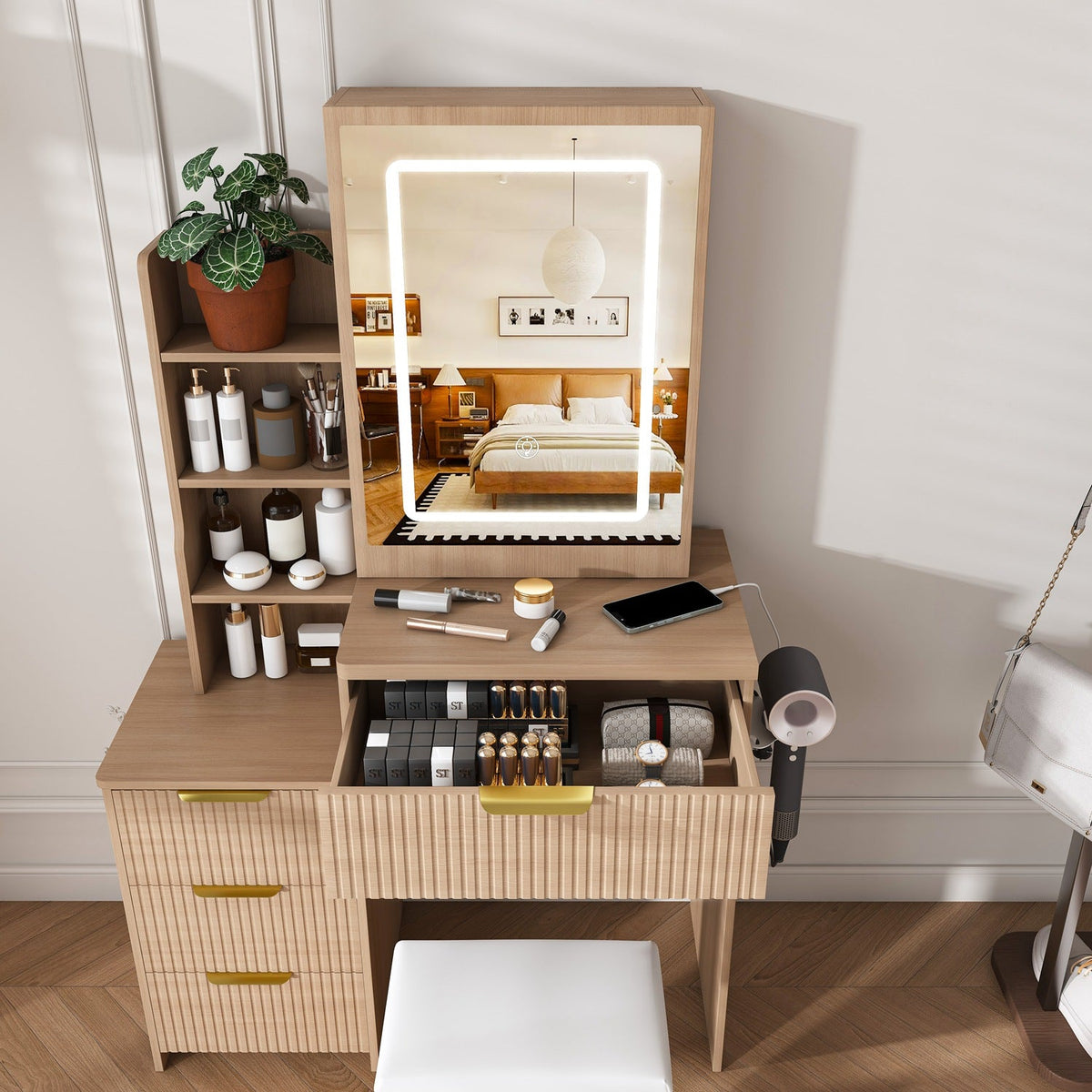 Vanity Desk Set with Lighted Mirror, 4 Drawers & Stool