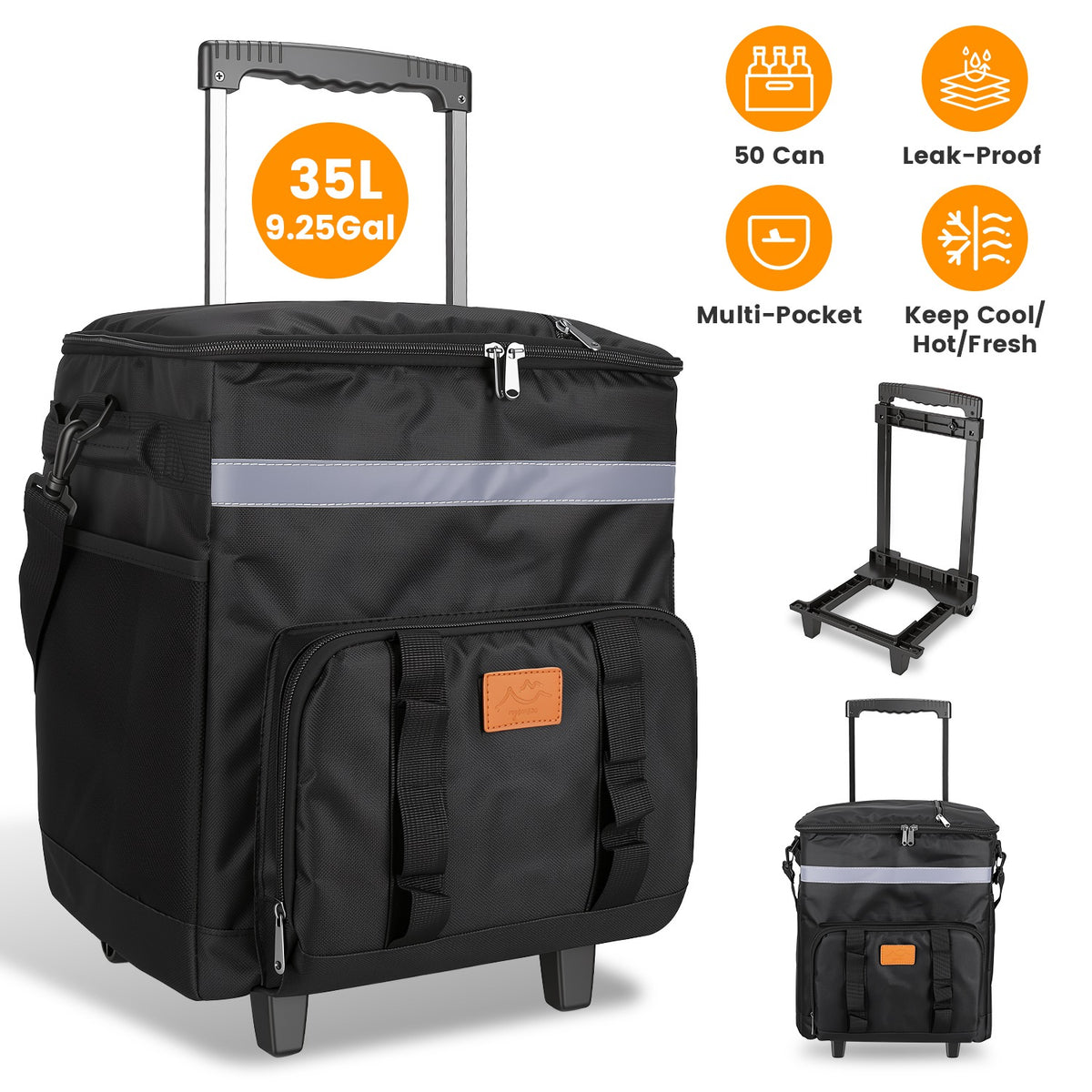Portable Rolling Cooler Bag with Wheels and Side Handles Shoulder Strap 35L 50 Can Collapsible Insulated Leakproof Coole
