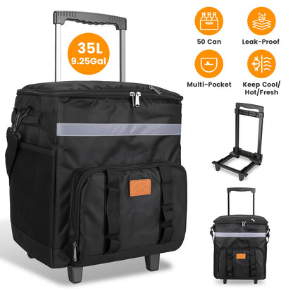 Portable Rolling Cooler Bag with Wheels and Side Handles Shoulder Strap 35L 50 Can Collapsible Insulated Leakproof Coole