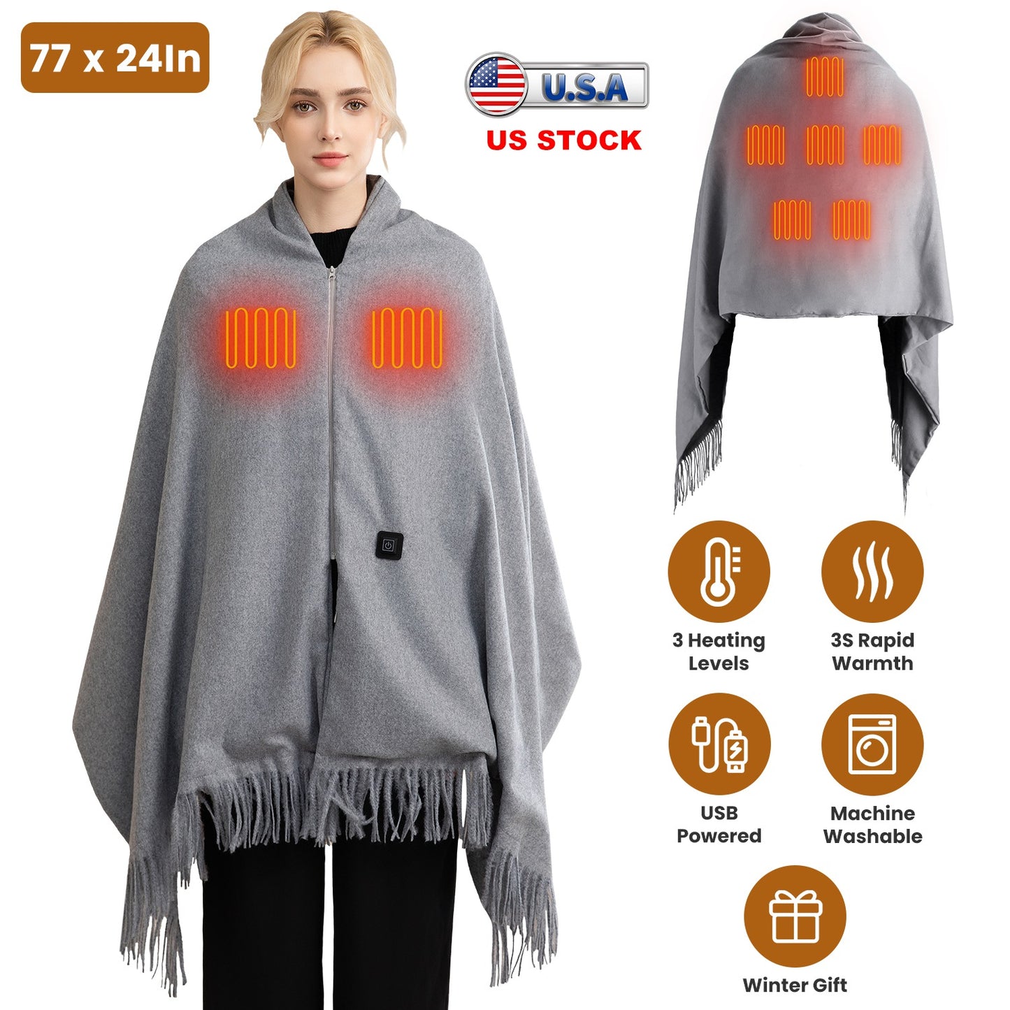 USB Heated Shawl with 3 Heat Levels and Zipper