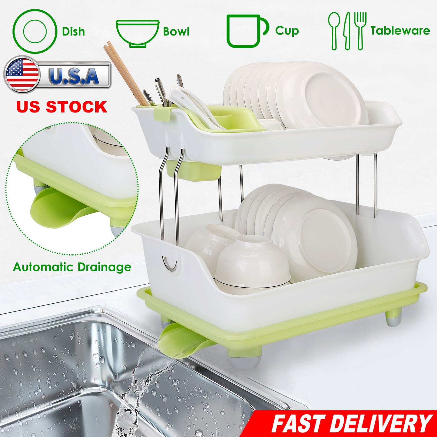 2-Tier Dish Drying Rack with Cutlery Holder & Drainage Tray