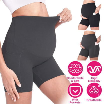 Women Maternity Shorts Seamless Pregnancy Underwear Shapewear Fitness Yoga Running Shorts High Waist Over The Belly Pants with Two Side Pockets