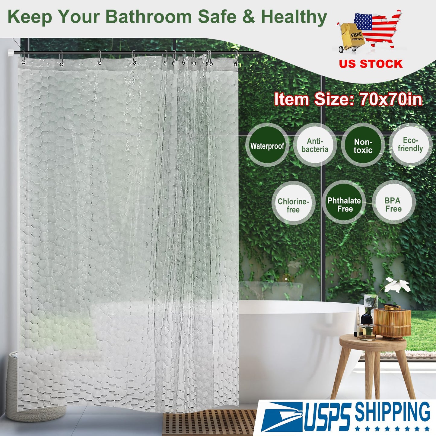 Waterproof EVA Shower Curtain 70x70 Inches with 12 Hooks