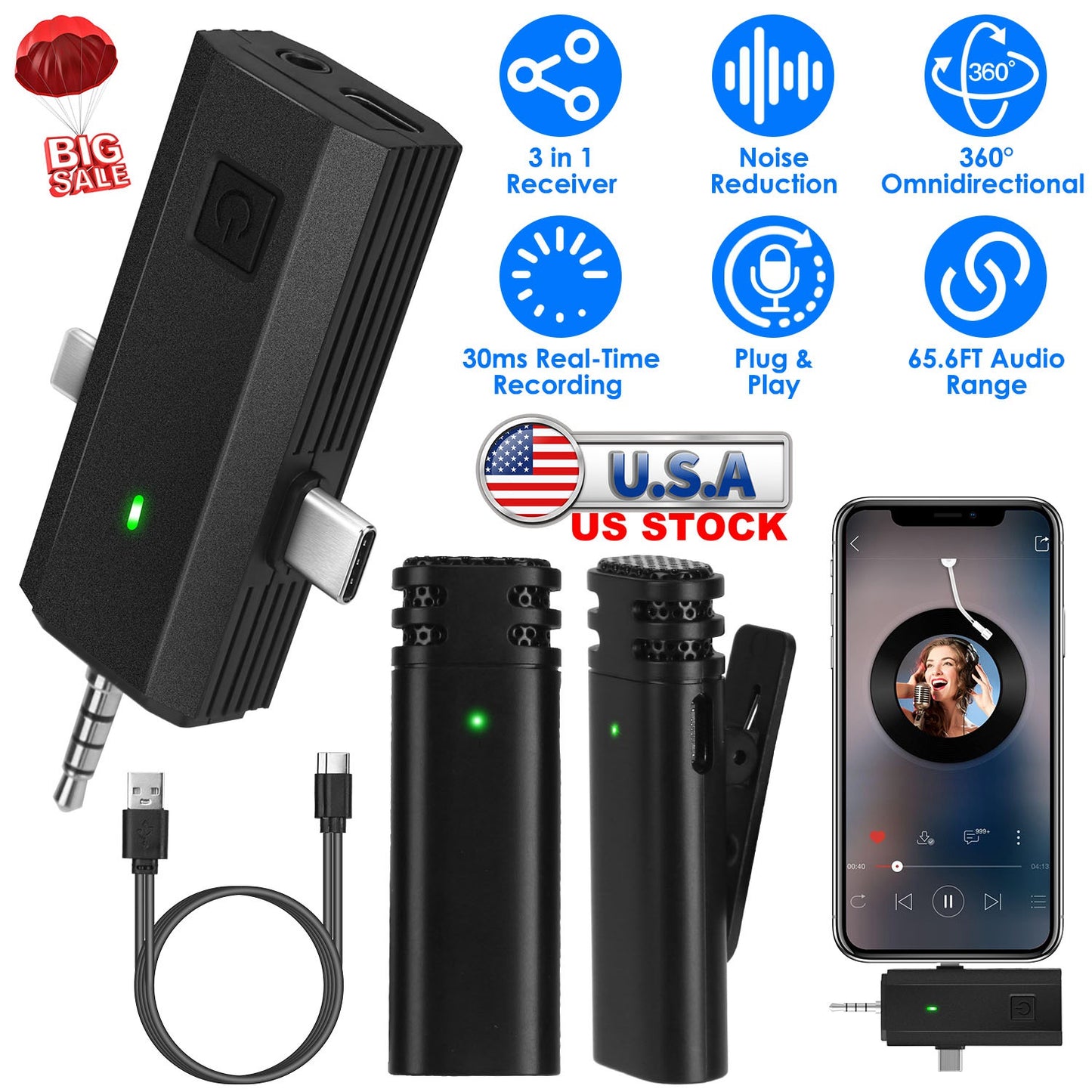 Wireless Clip-On Microphone with 3-in-1 Receiver