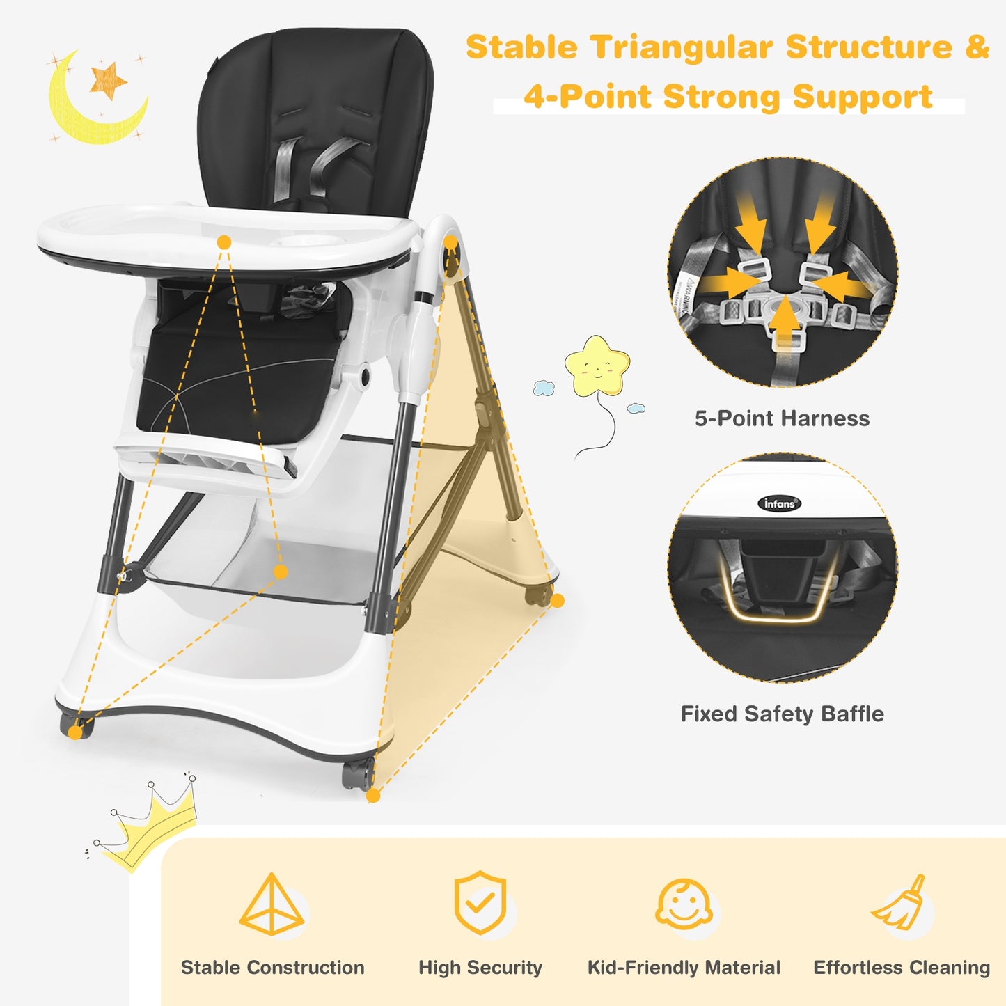Foldable High Chair with 4 Lockable Wheels and 5-Point Harness