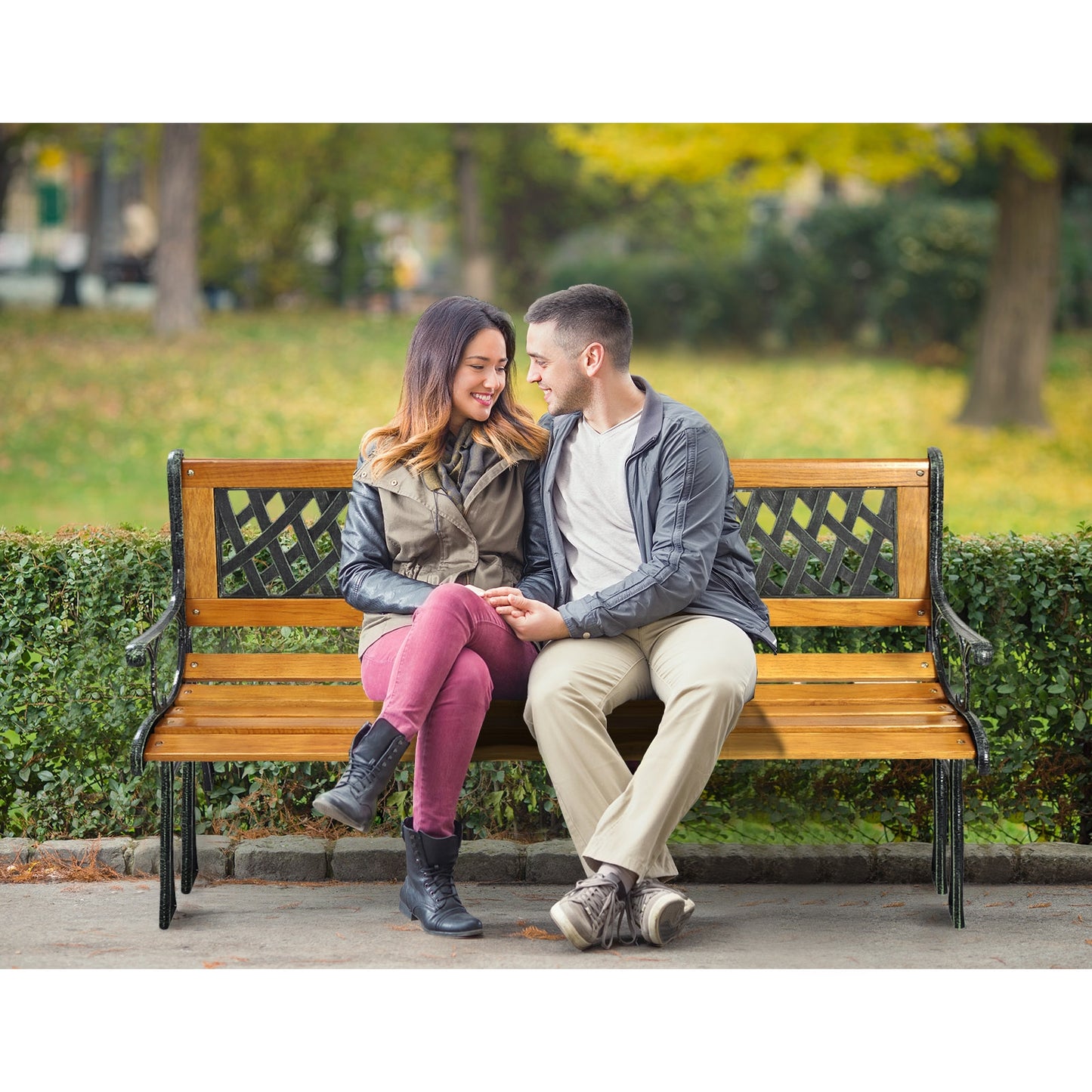 Cast Iron Patio Bench with Wood Seat - 463 lb Capacity