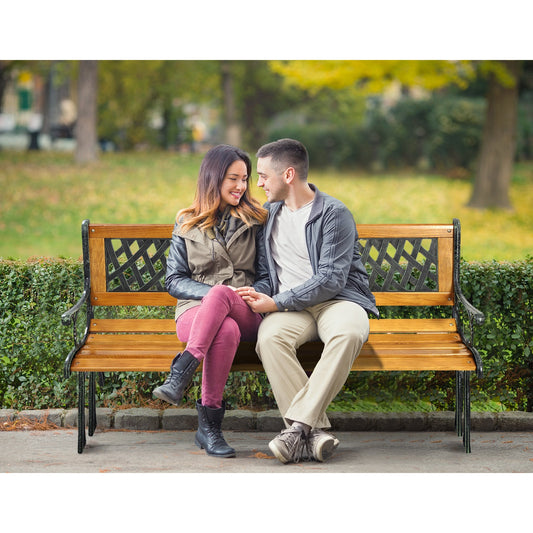 Cast Iron Patio Bench with Wood Seat - 463 lb Capacity