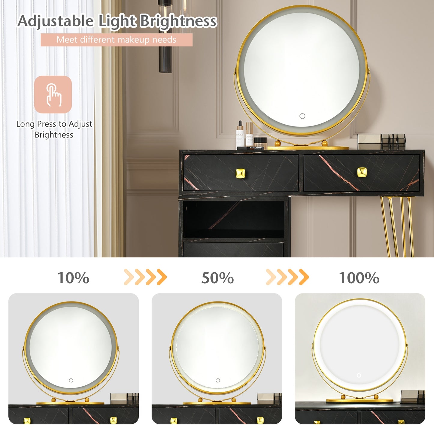 Vanity Table with LED Lighted Mirror and Storage Cabinet