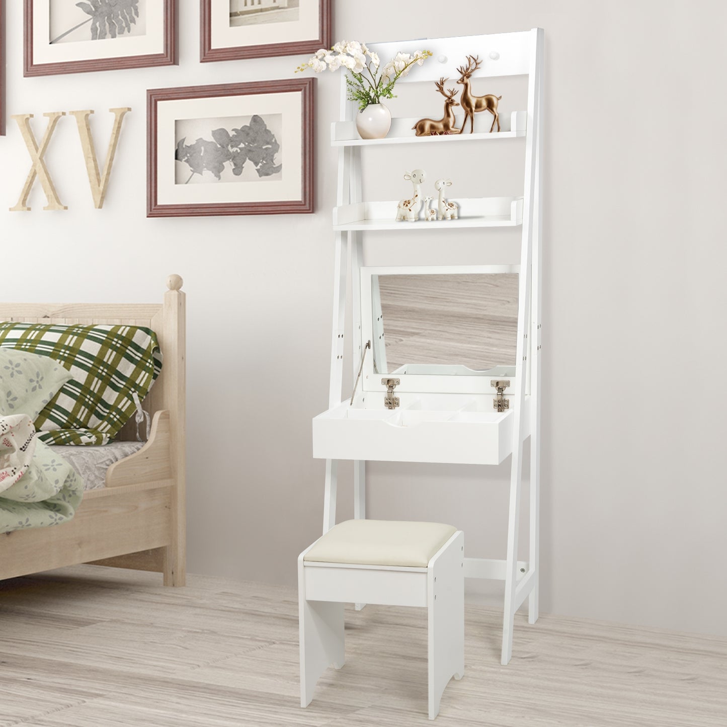 3-in-1 Vanity Set with Flip Top Mirror and Cushioned Stool