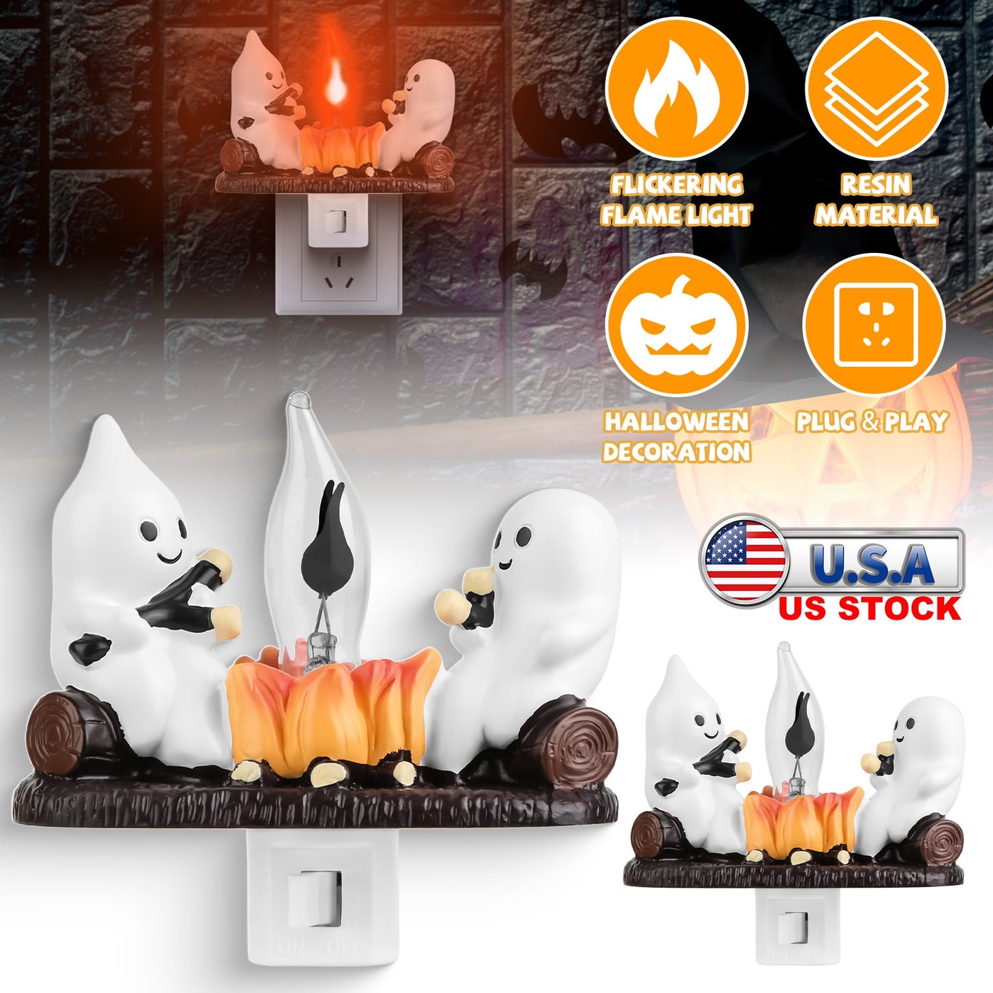 Ghost Campfire Flickering Night Light - 2 Pack Halloween Decor