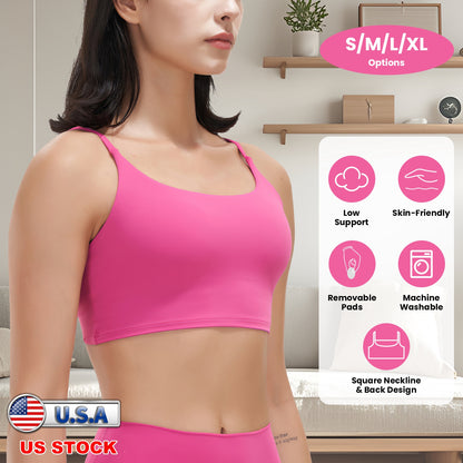 Women Strap Sport Bras Padded Strappy Crop Square Neck Low Impact Bras Sexy Fitness Tank Tops with Removable Pads Flat Straps for Gym Yoga Workout Run