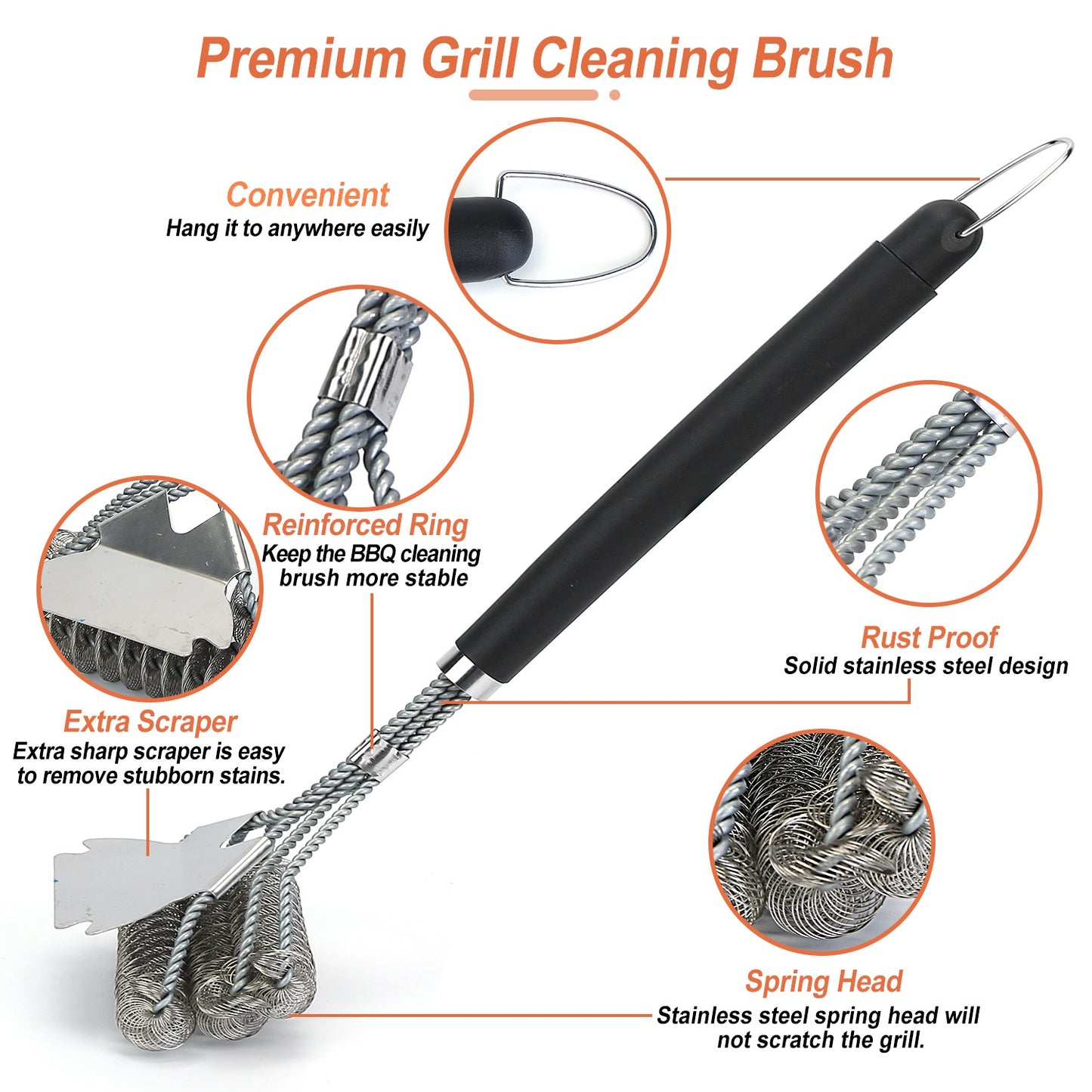 BBQ Grill Cleaning Brush with Scraper 16.5 Inch Handle