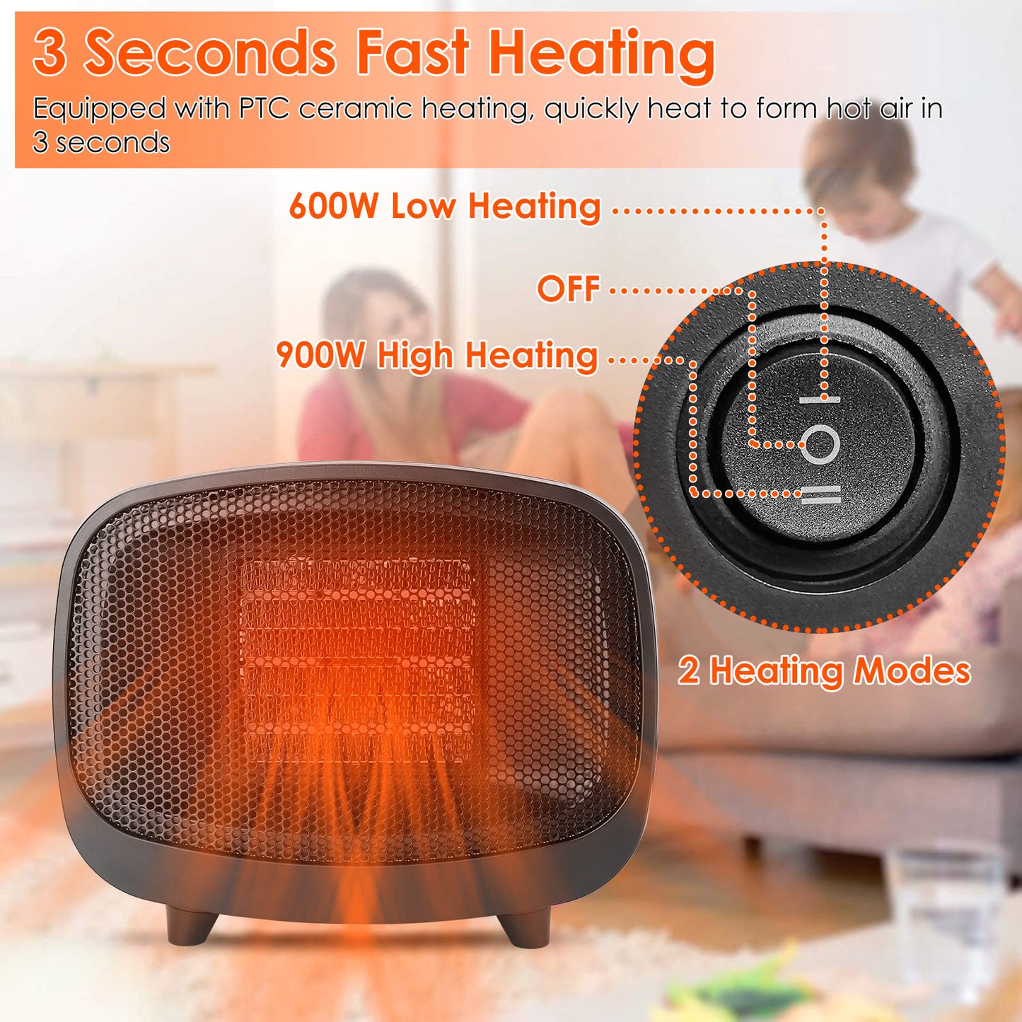 Portable PTC Ceramic Space Heater with Tip-Over Protection