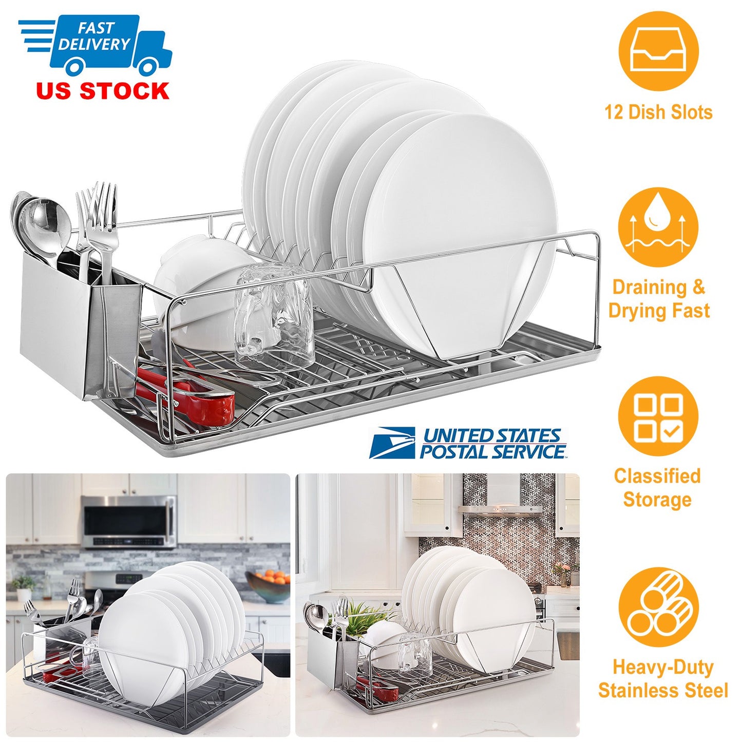 Stainless Steel Dish Drying Rack with Drainboard & Cutlery Holder