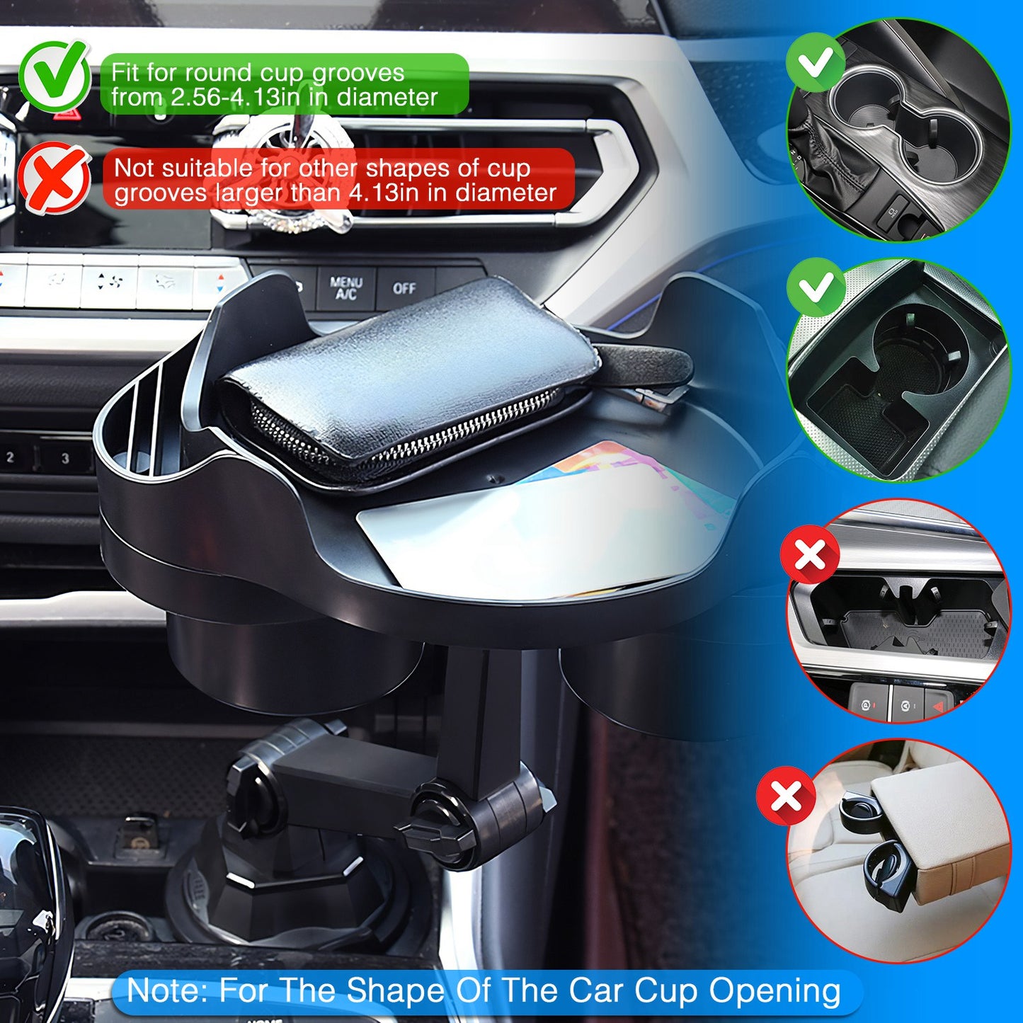 Car Cup Holder Expander with 360° Rotating Tray & Phone Slot