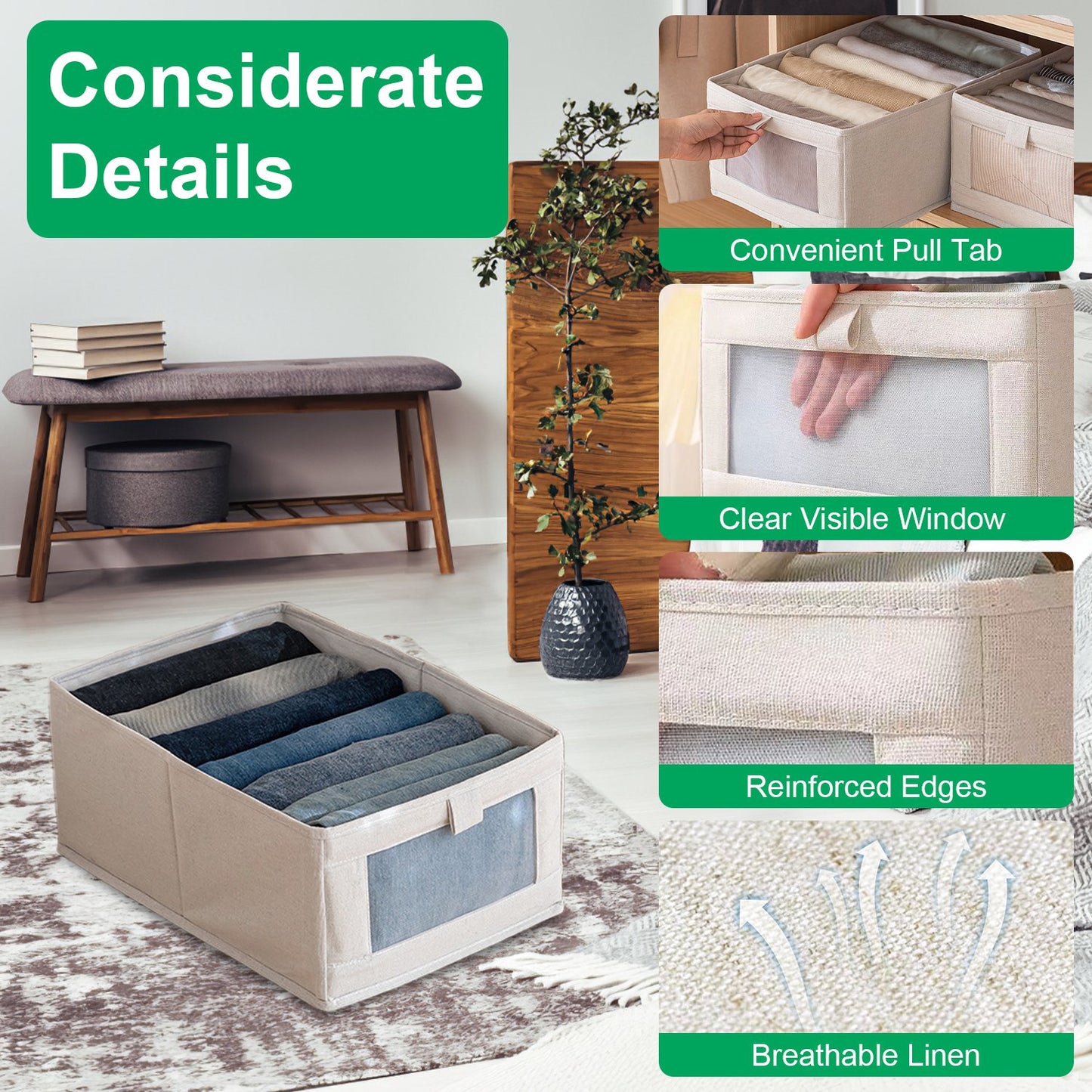 Foldable Linen Storage Bins with Clear Window - Set of 4