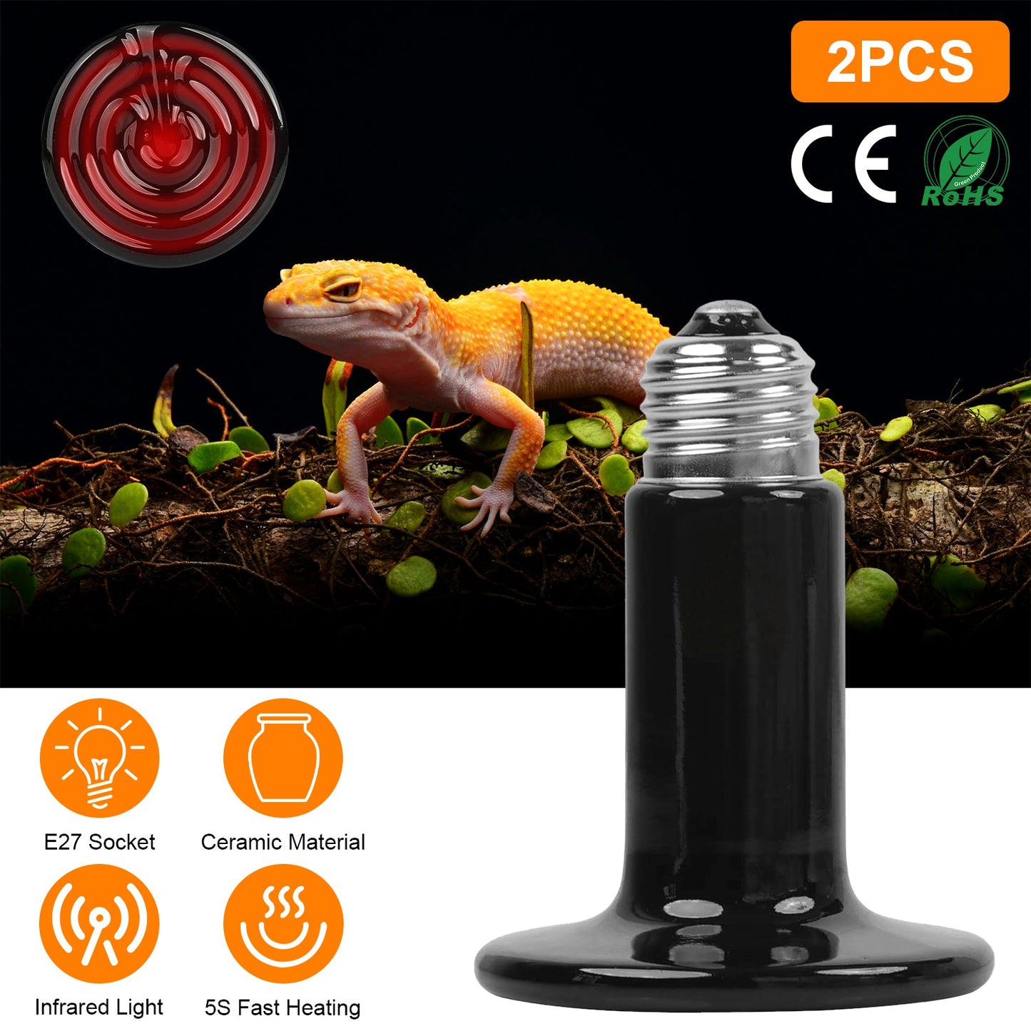 Ceramic Heat Lamp 150W Infrared Reptile Heater - 2 Pack