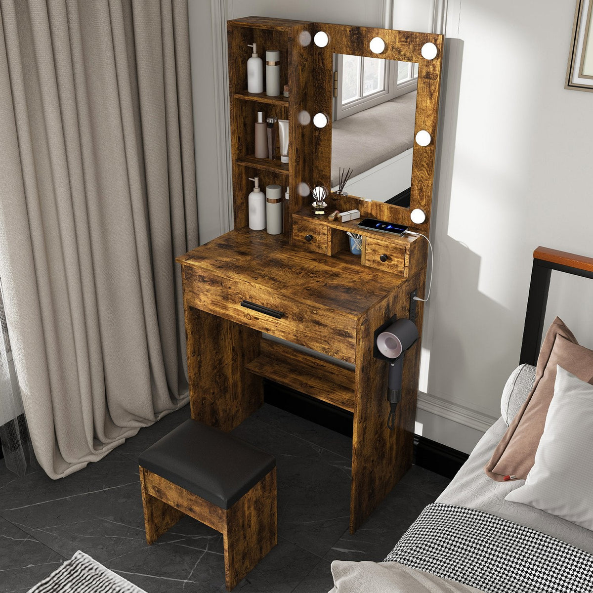 Vanity Desk Set with LED Lighted Mirror & Padded Stool