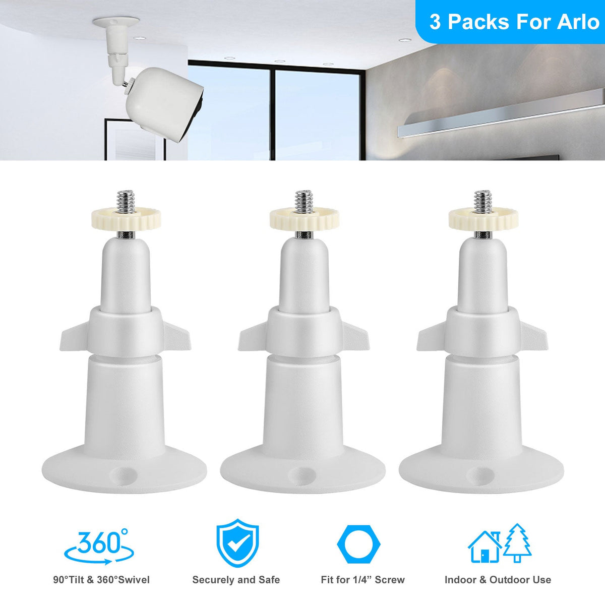 3 Packs Security Camera Wall Mount for Arlo 360¡Adjustable Camera Holder Garden Patio Screw Mount Universal Fit for 1/4" Imperial Standard Screw Inter