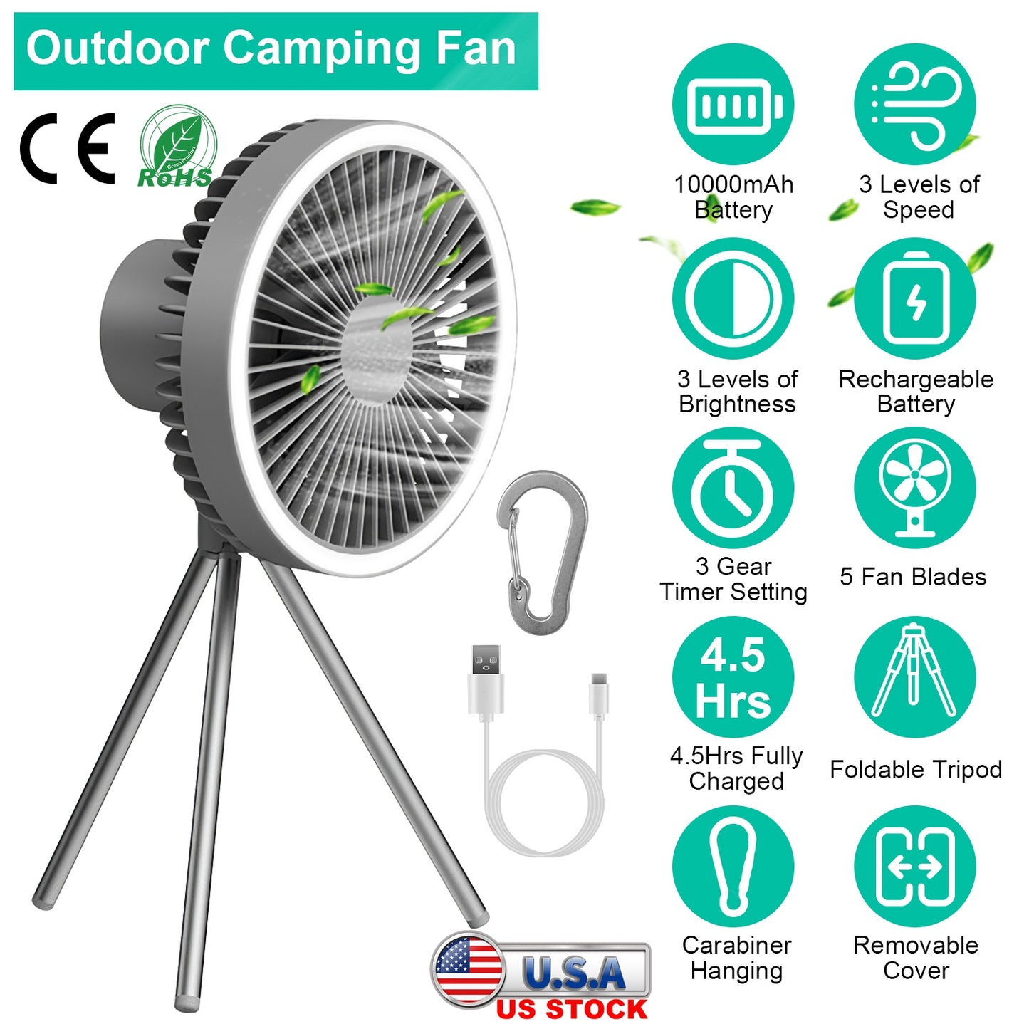 Camping Fan with LED Lantern 10000mAh Rechargeable Battery