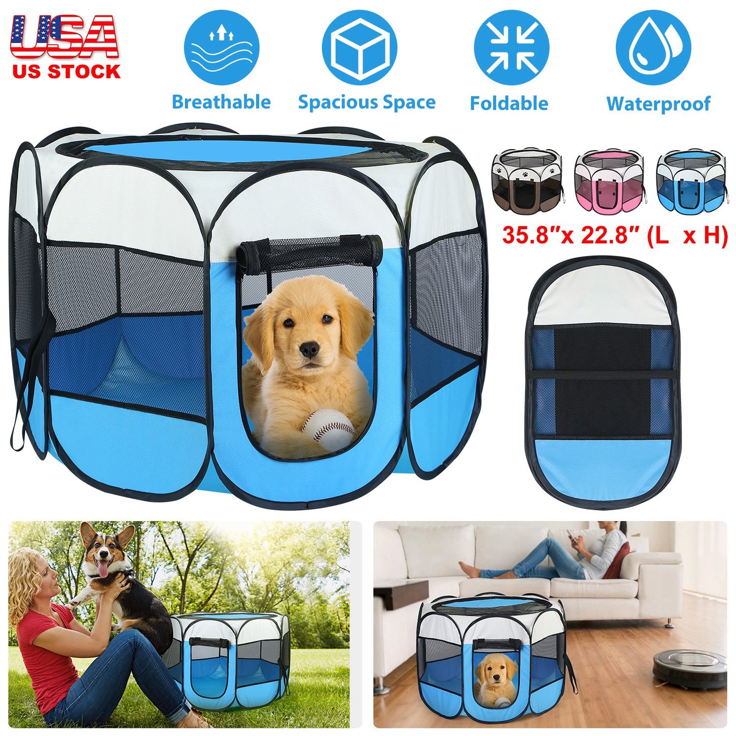 Foldable Pet Playpen with Mesh Panels and Zipper Top