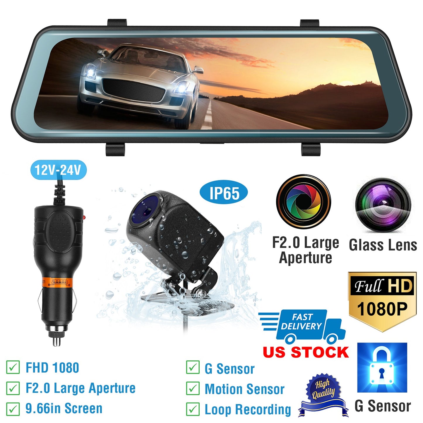 Dual Dash Camera 9.66" FHD 1080P Front & Rear with Night Vision