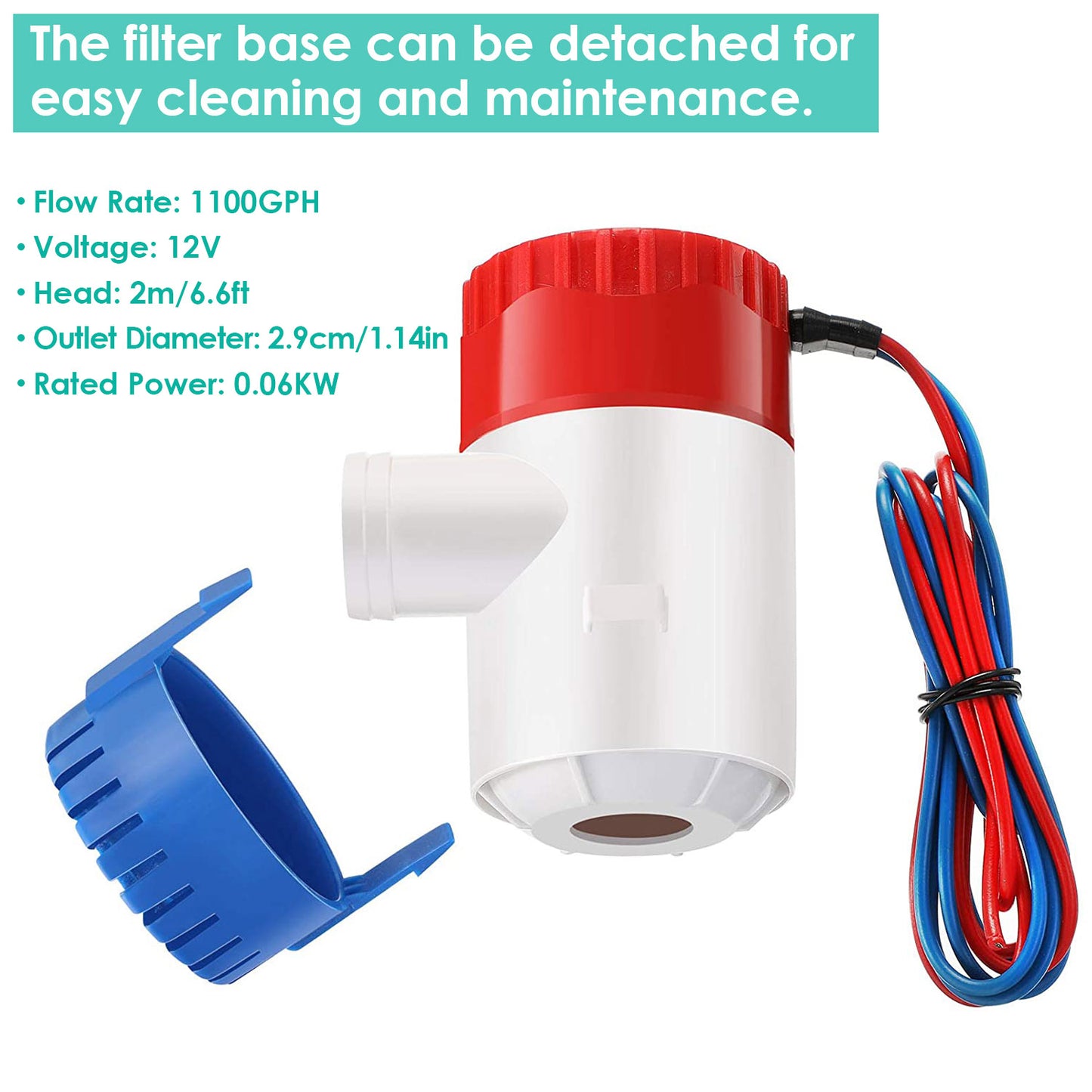 12V Submersible Bilge Pump 1100GPH Marine Water Drainage